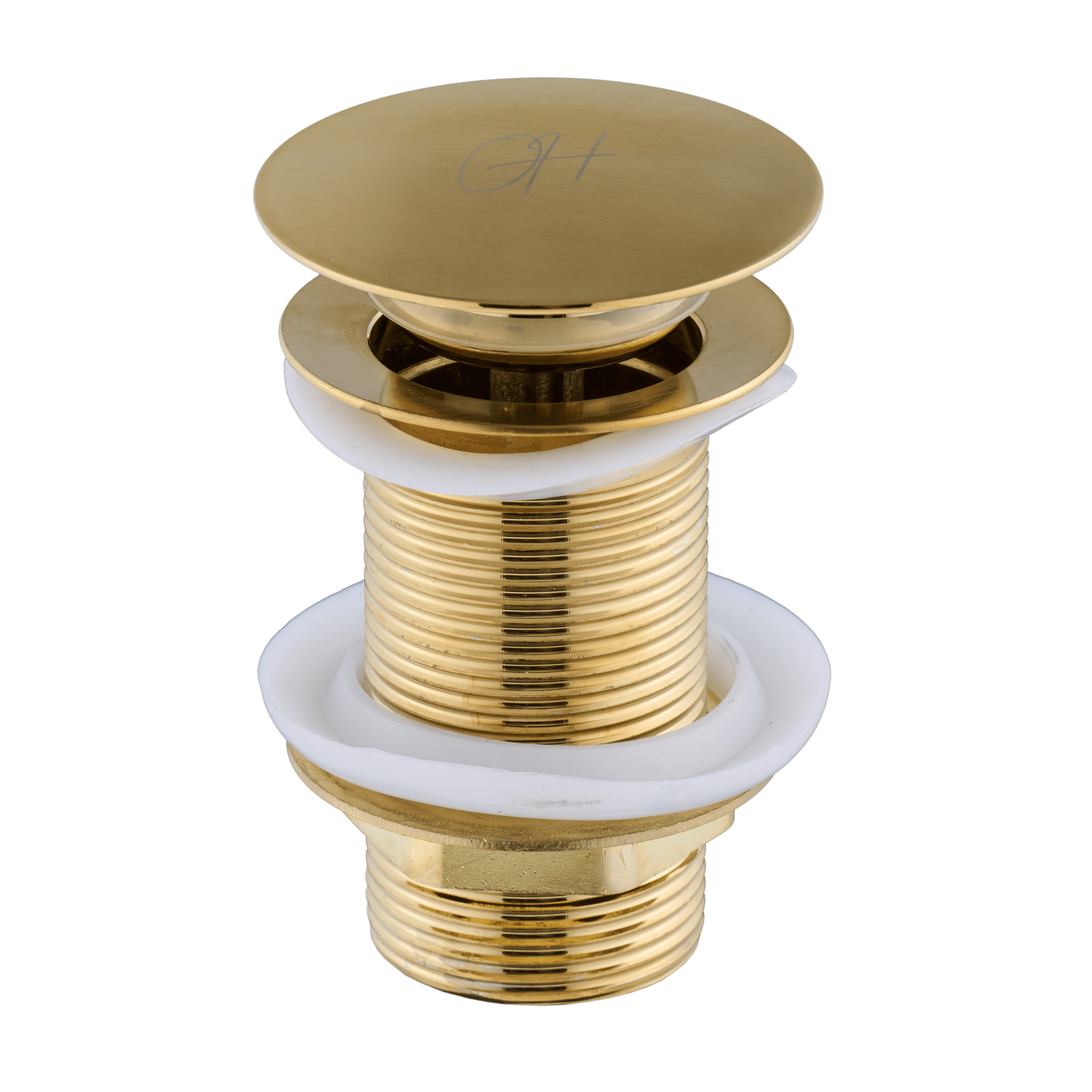 Gouden wastafel afvoerplug Flusso van Ostiumhome® – pop-up systeem volledig zichtbaar

