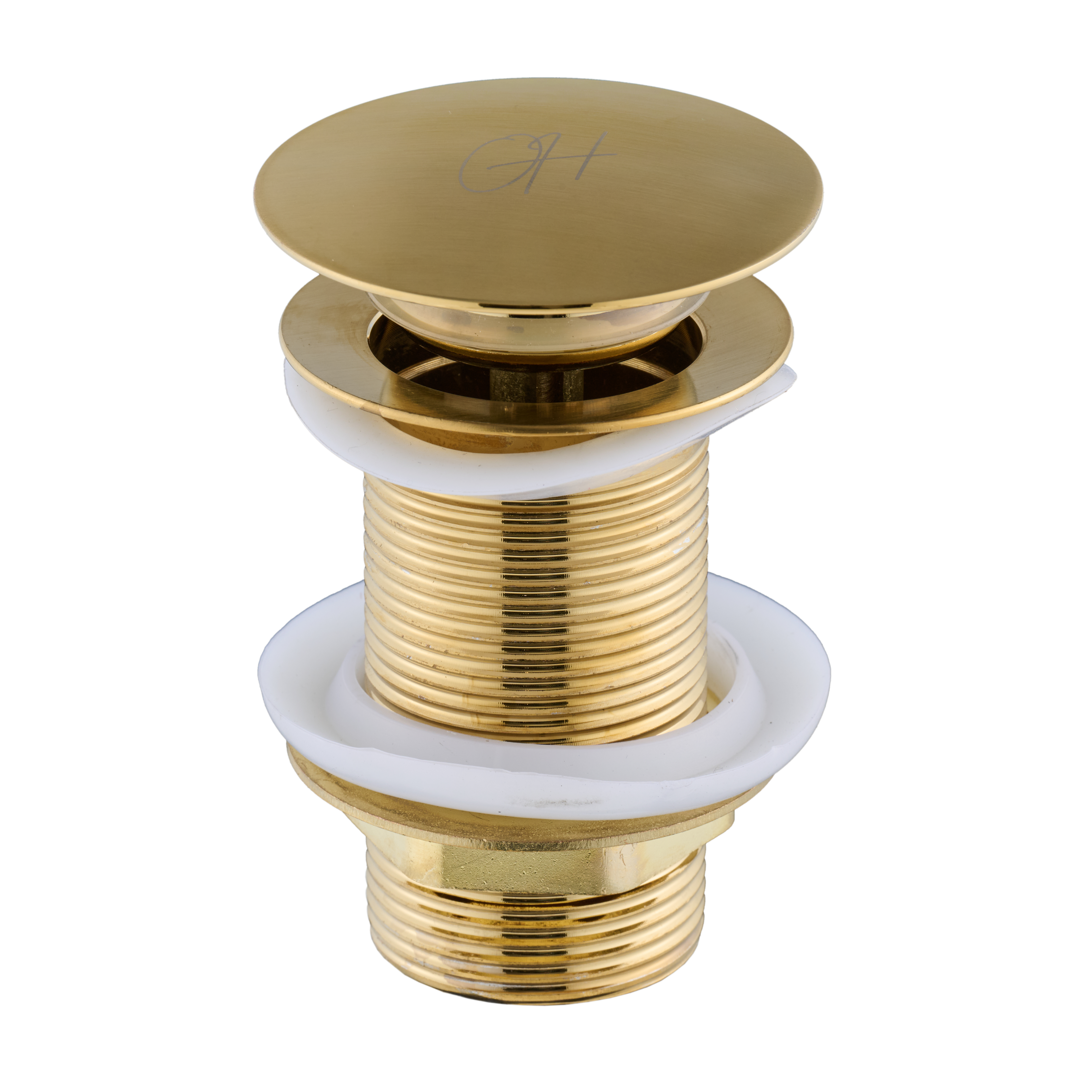 Gouden wastafel afvoerplug Flusso van Ostiumhome® – pop-up systeem volledig zichtbaar


