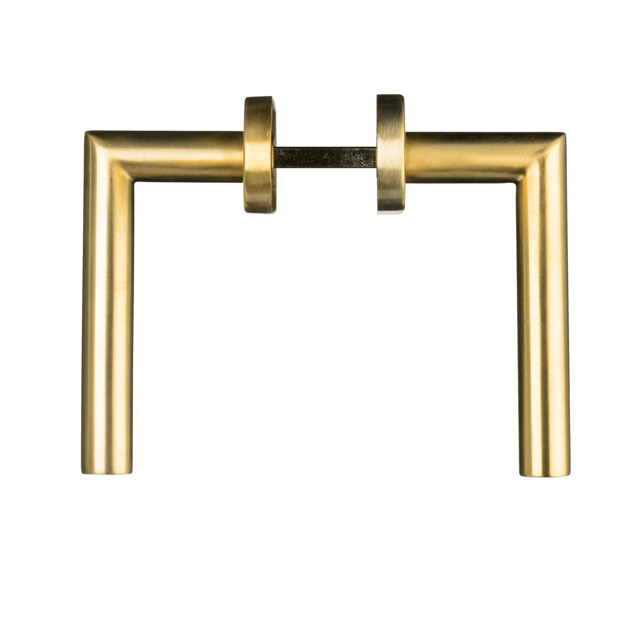 Geveerde RVS Andria deurklink 225 mm mat goud met sleutelgat op rond schild voor een strakke, tijdloze afwerking 

