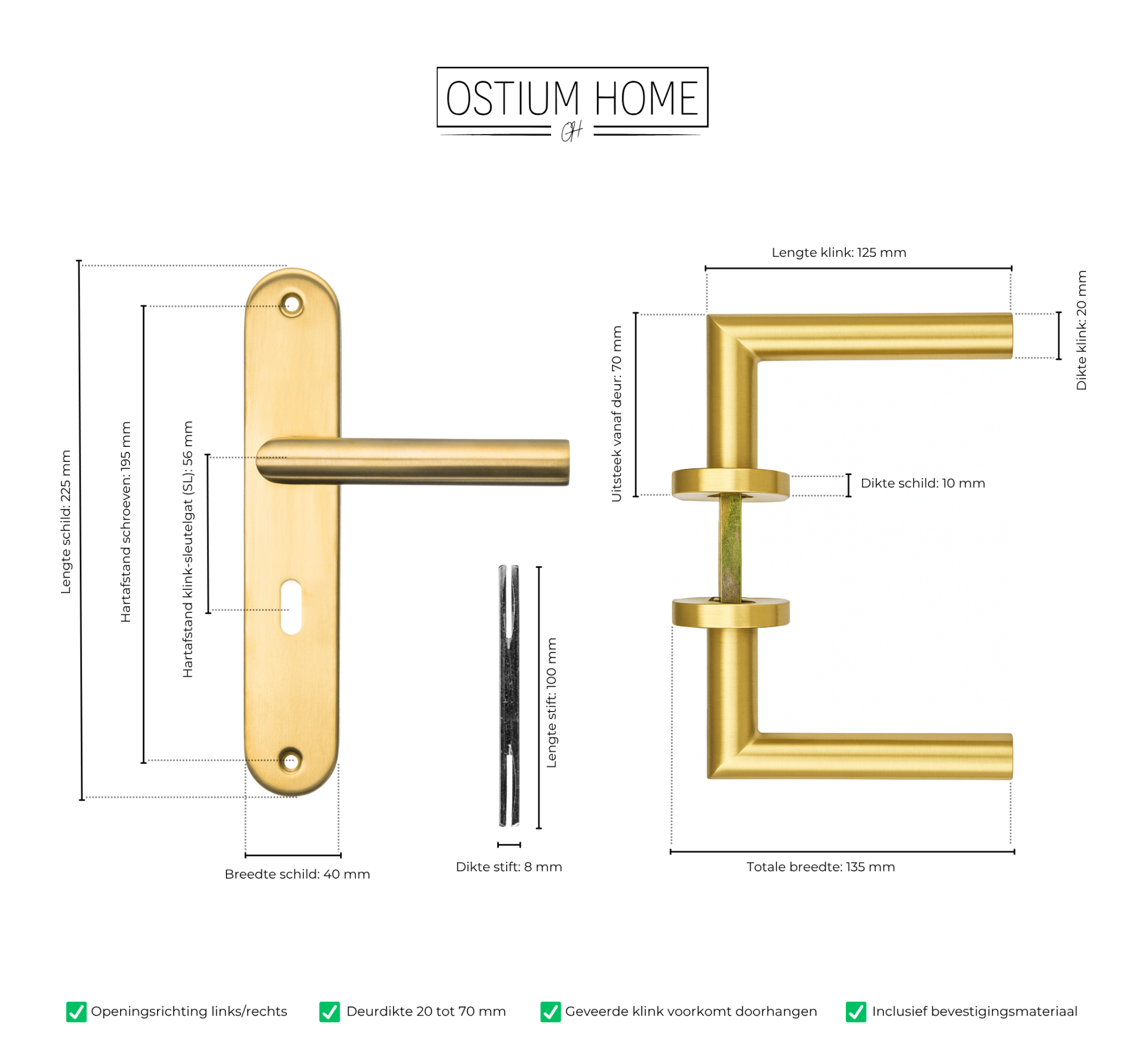Tekening met afmetingen van gouden deurklink met sleutelgat