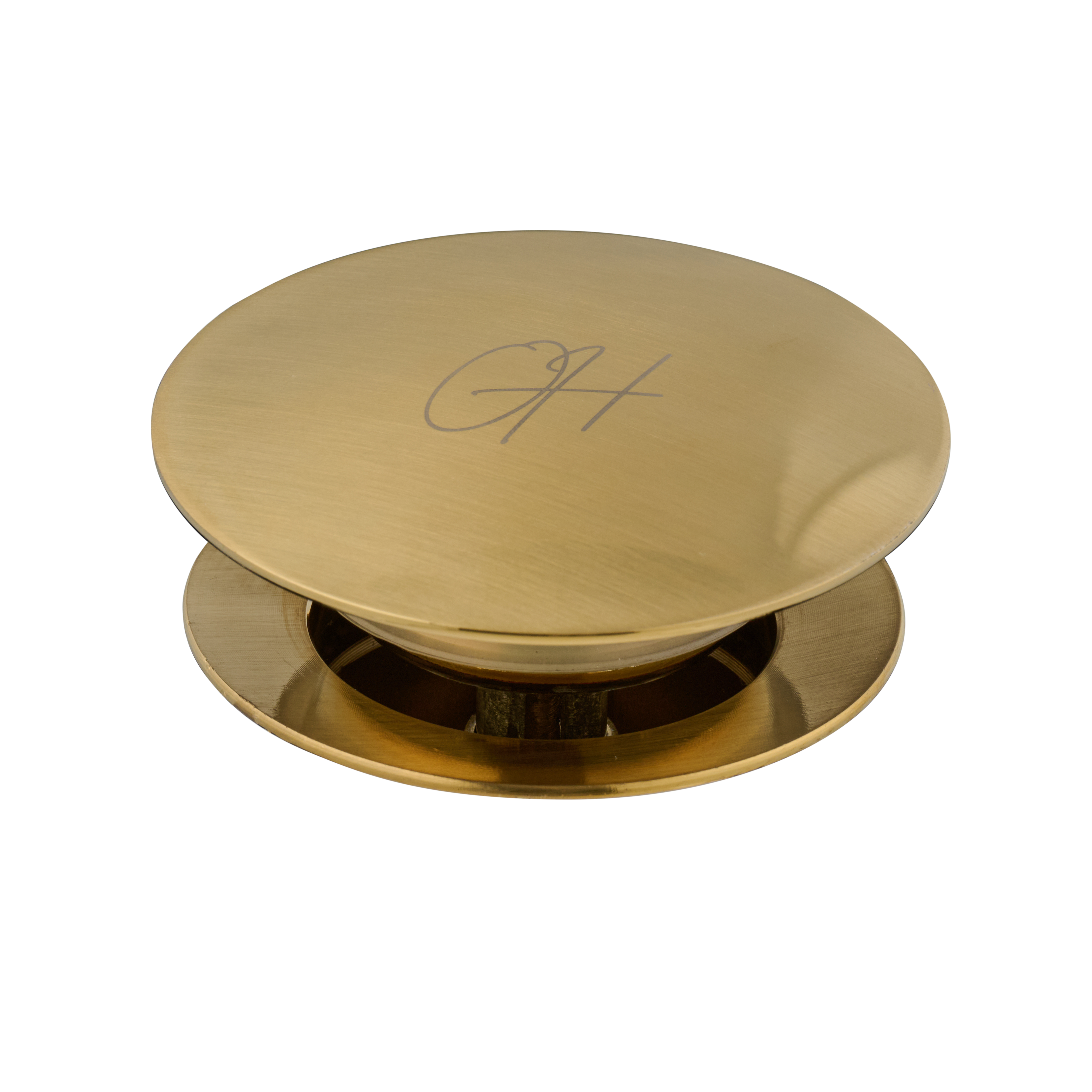Gouden Flusso afvoerplug van Ostiumhome® – alleen het bovenaanzicht van de zichtbare dop in luxueuze afwerking

