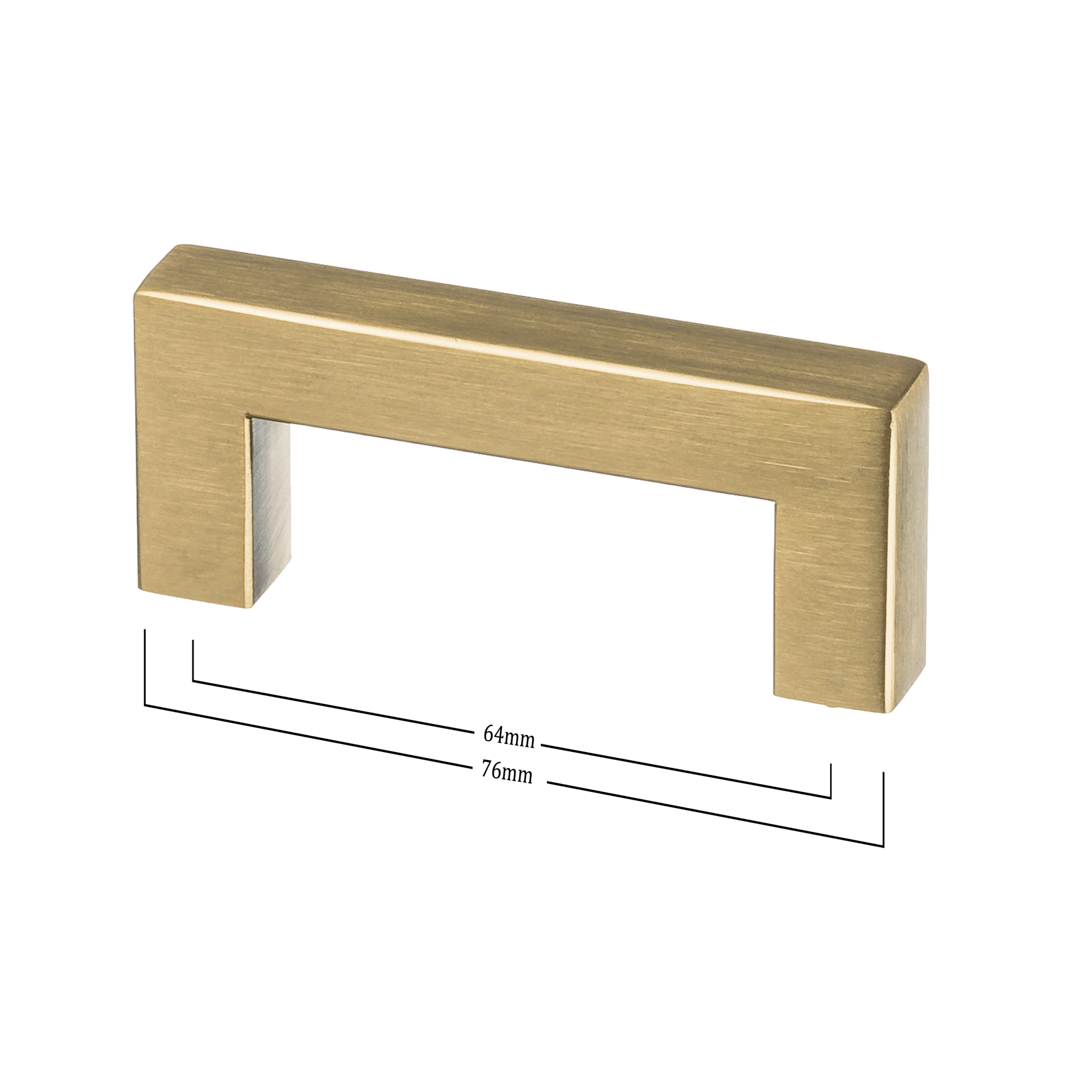 Mat gouden handgreep 64 mm hart-op-hart, lengte 76 mm; ideaal voor smalle kastdeurtjes 
