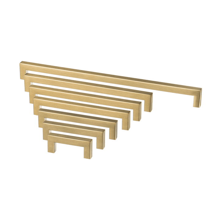 Set van zeven mat gouden handgrepen (64–320 mm) voor een harmonieuze keuken– of meubelupdate 
