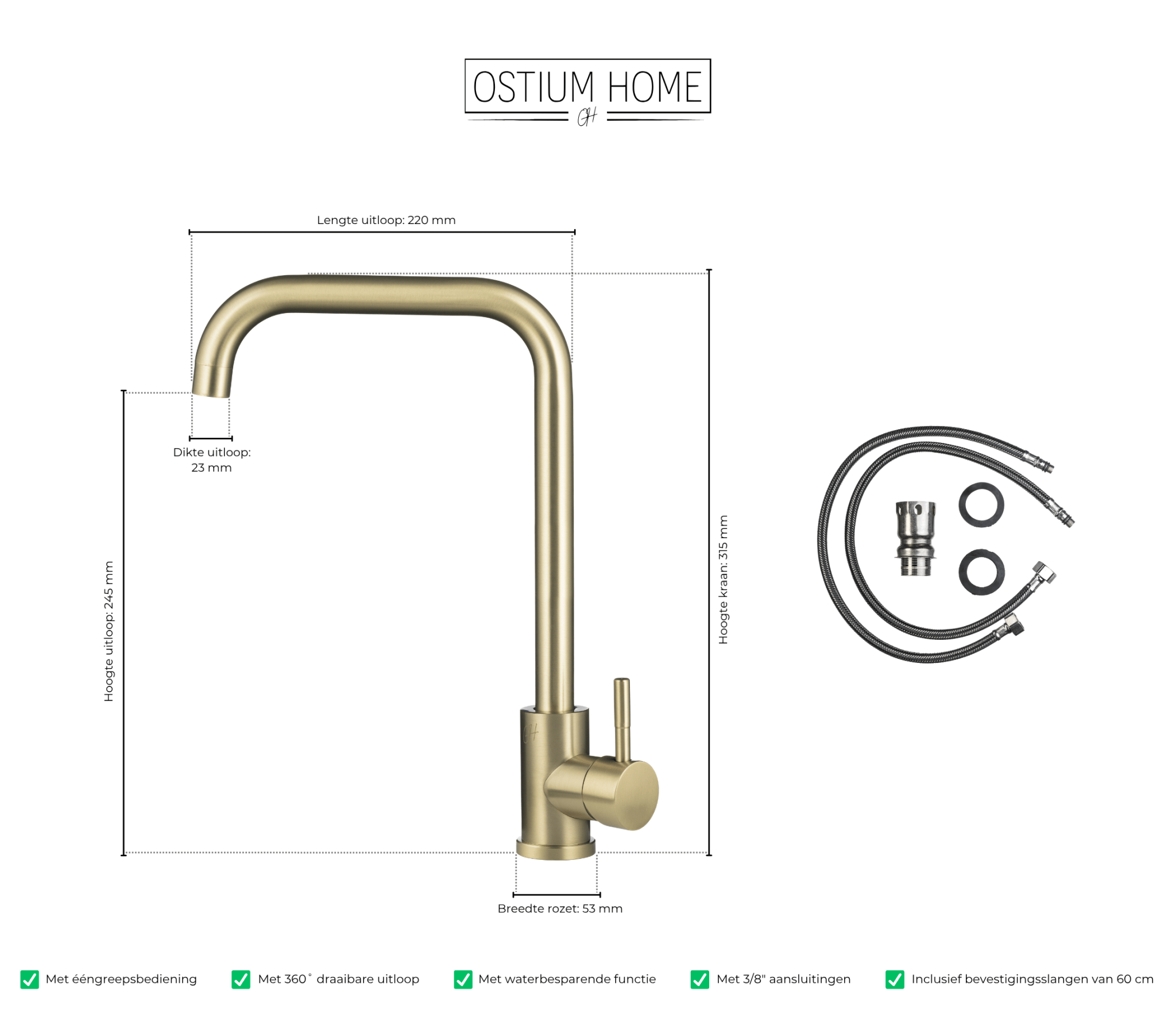 Specificaties van gouden mengkraan voor in de keuken van Ostiumhome