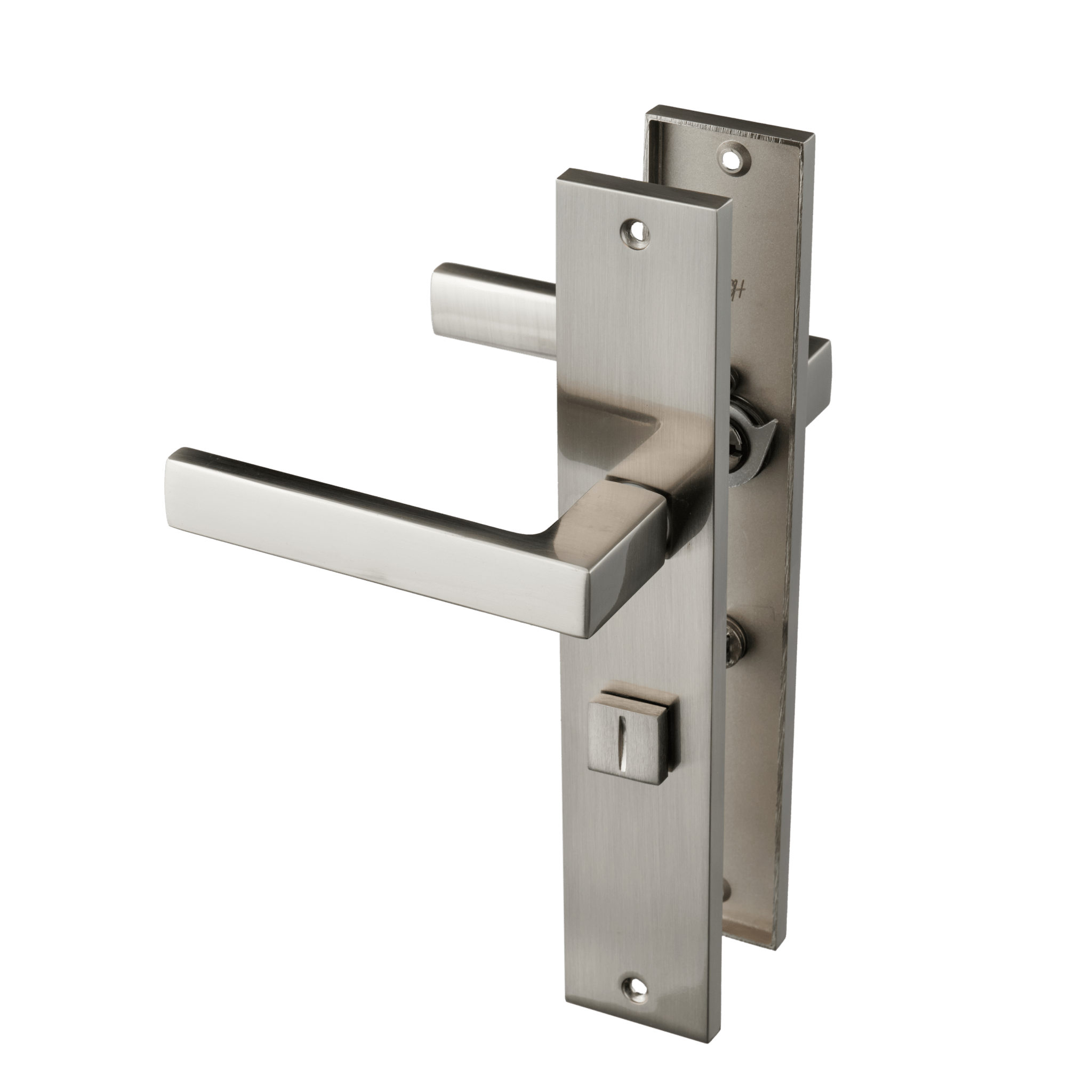 Complete Grado deurbeslagset RVS zilver met lang schild en draaiknop-WC-slot voor badkamers 
