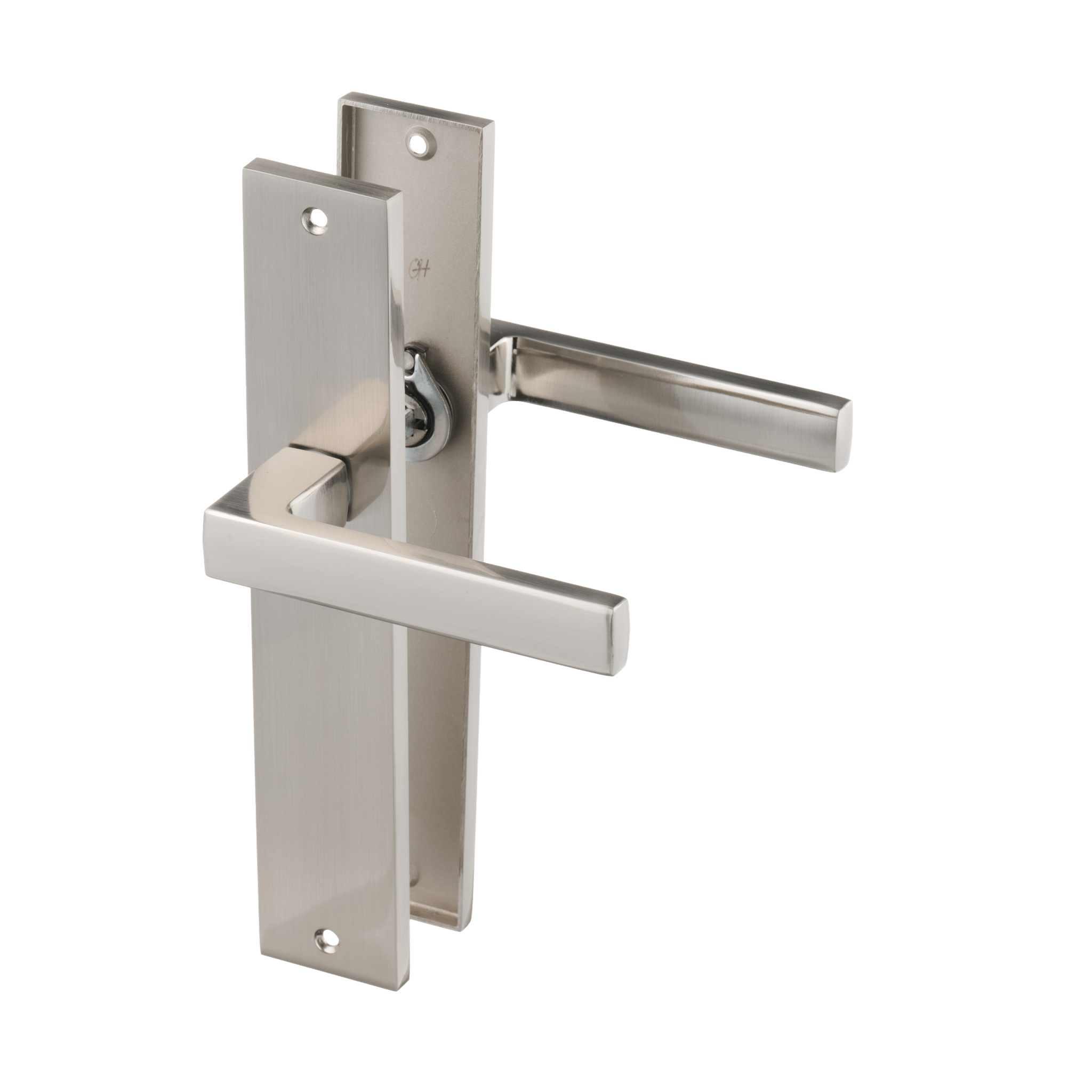 RVS zilveren Grado deurklink op blind lang schild 245 × 45 mm met geveerde klink voor een strak, tijdloos interieur 

