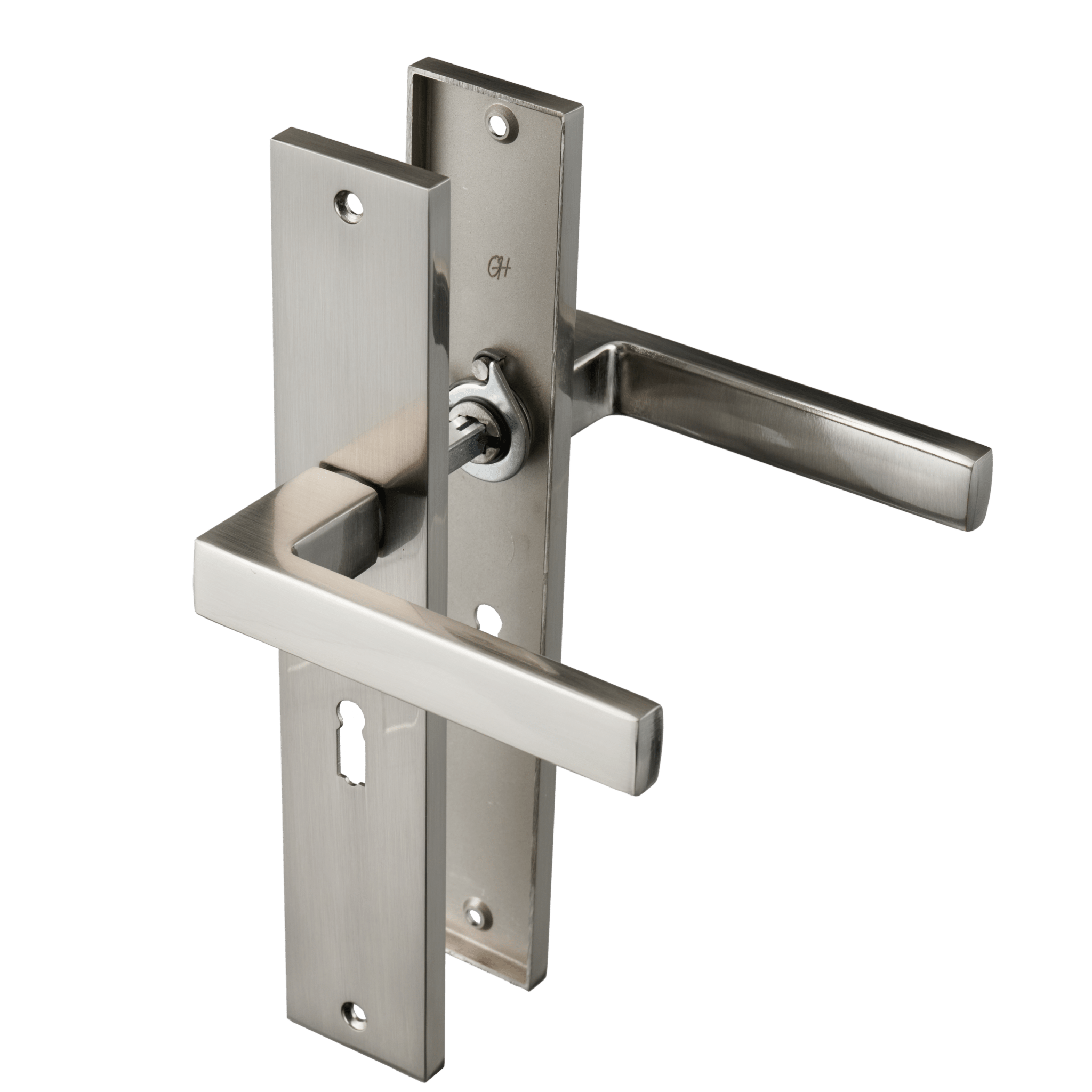 RVS zilveren Grado deurklink op lang schild 245 × 45 mm met sleutelgat PC 56 mm, geveerd voor soepele terugkeer