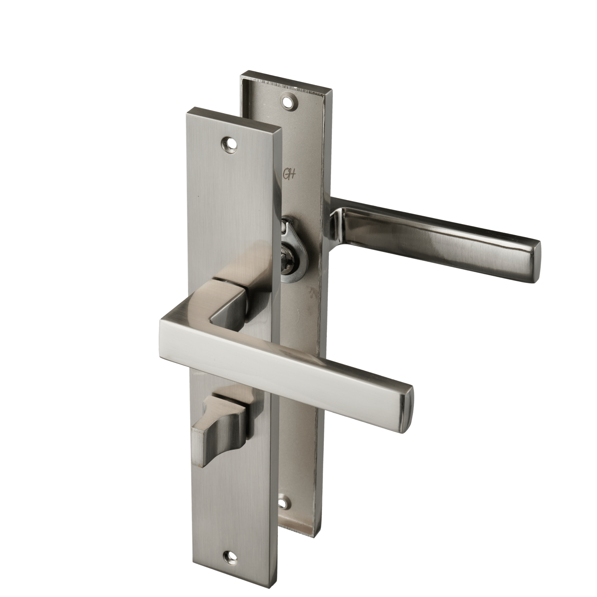 RVS zilveren Grado WC-deurklink op lang schild 245 mm met geïntegreerd vrij-bezetslot hartafstand 63 mm 

