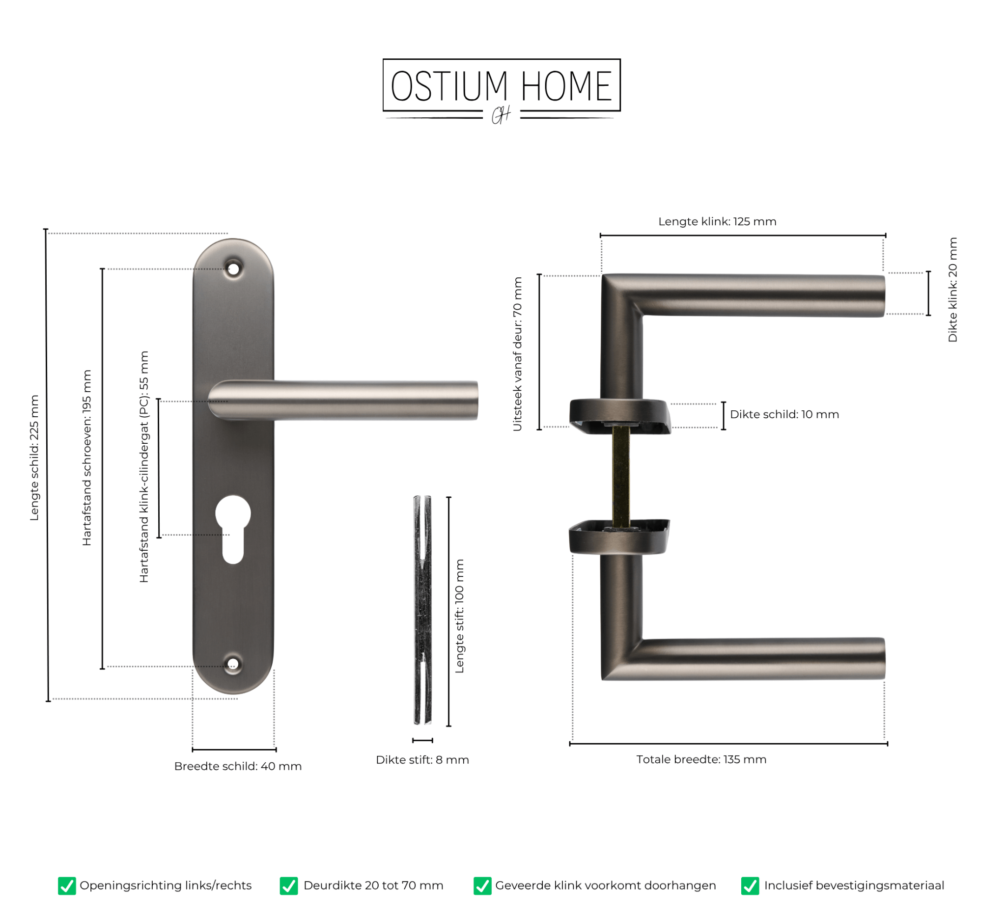 Tekening met afmetingen van gun metal deurklink met cilindergat