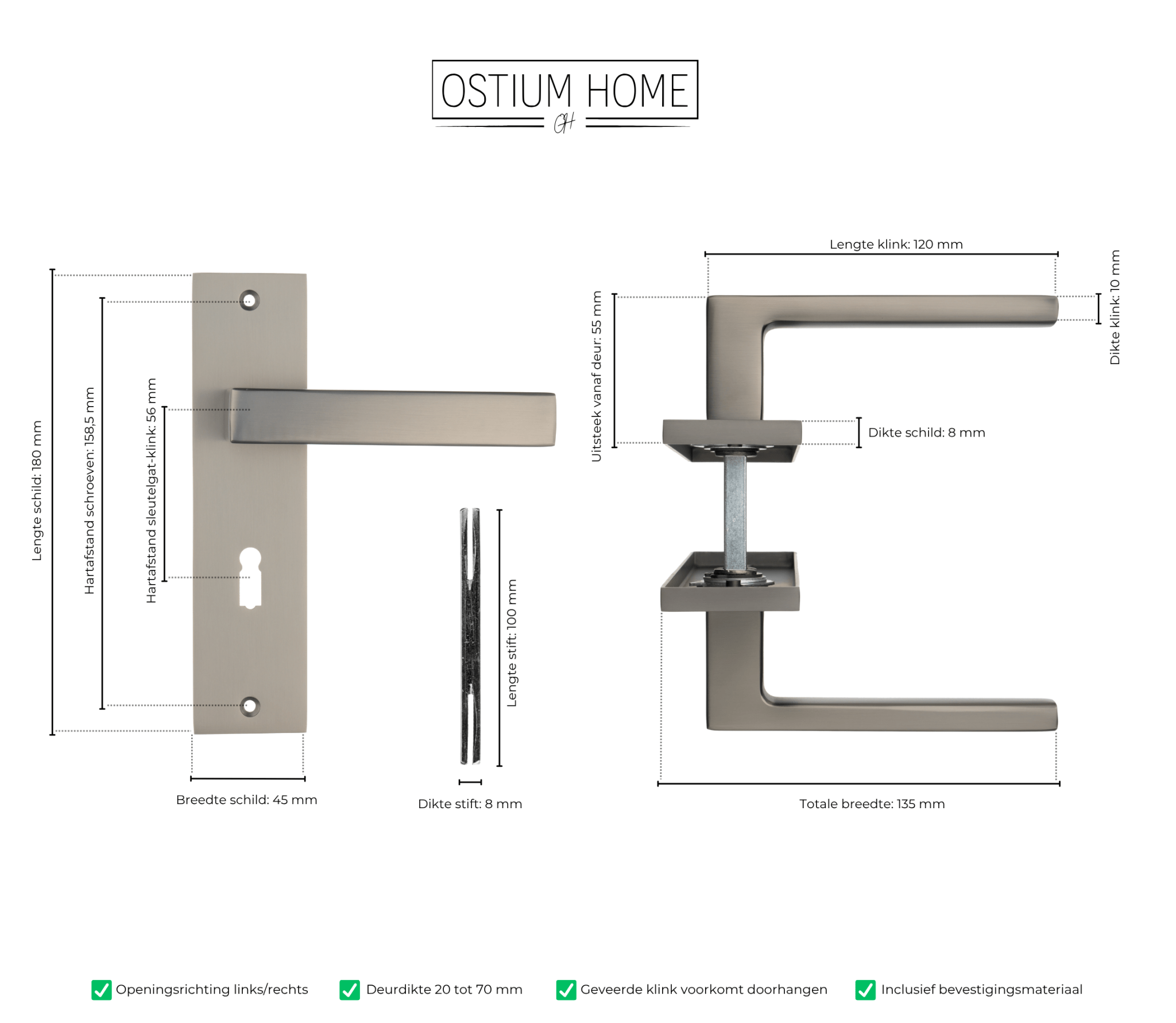 Afmetingen van deurklink met sleutelgat op kort schild in kleur gun metal van Ostiumhome.