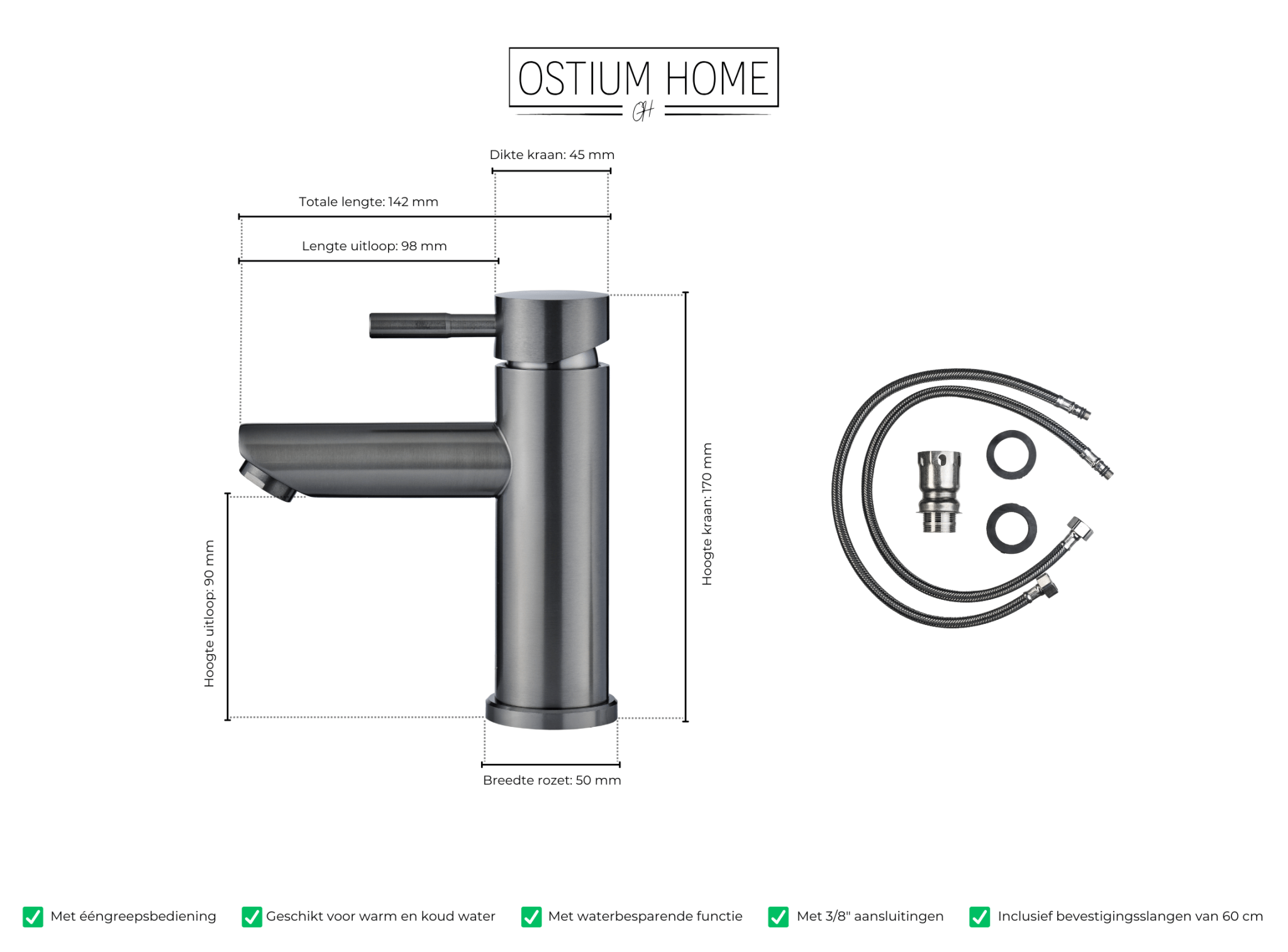 Specificaties van waterbesparende wastafelkraan in gun metal van Ostiumhome