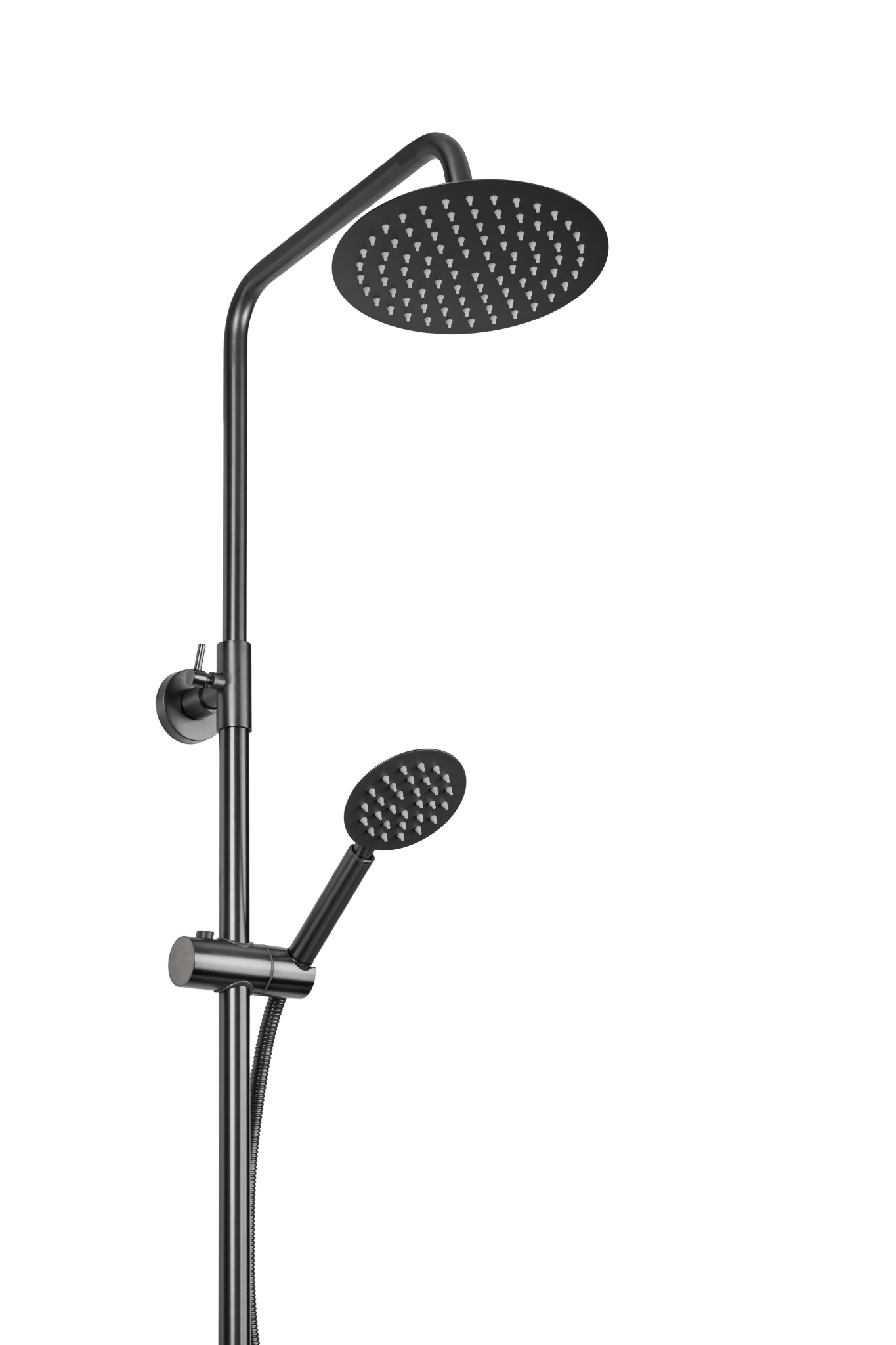 Ronde regendouchekop (Ø200 mm) en handdouche in Gun Metal uitvoering, gecombineerd met thermostatische kraan en robuuste 24 mm stang voor stabiele bevestiging 