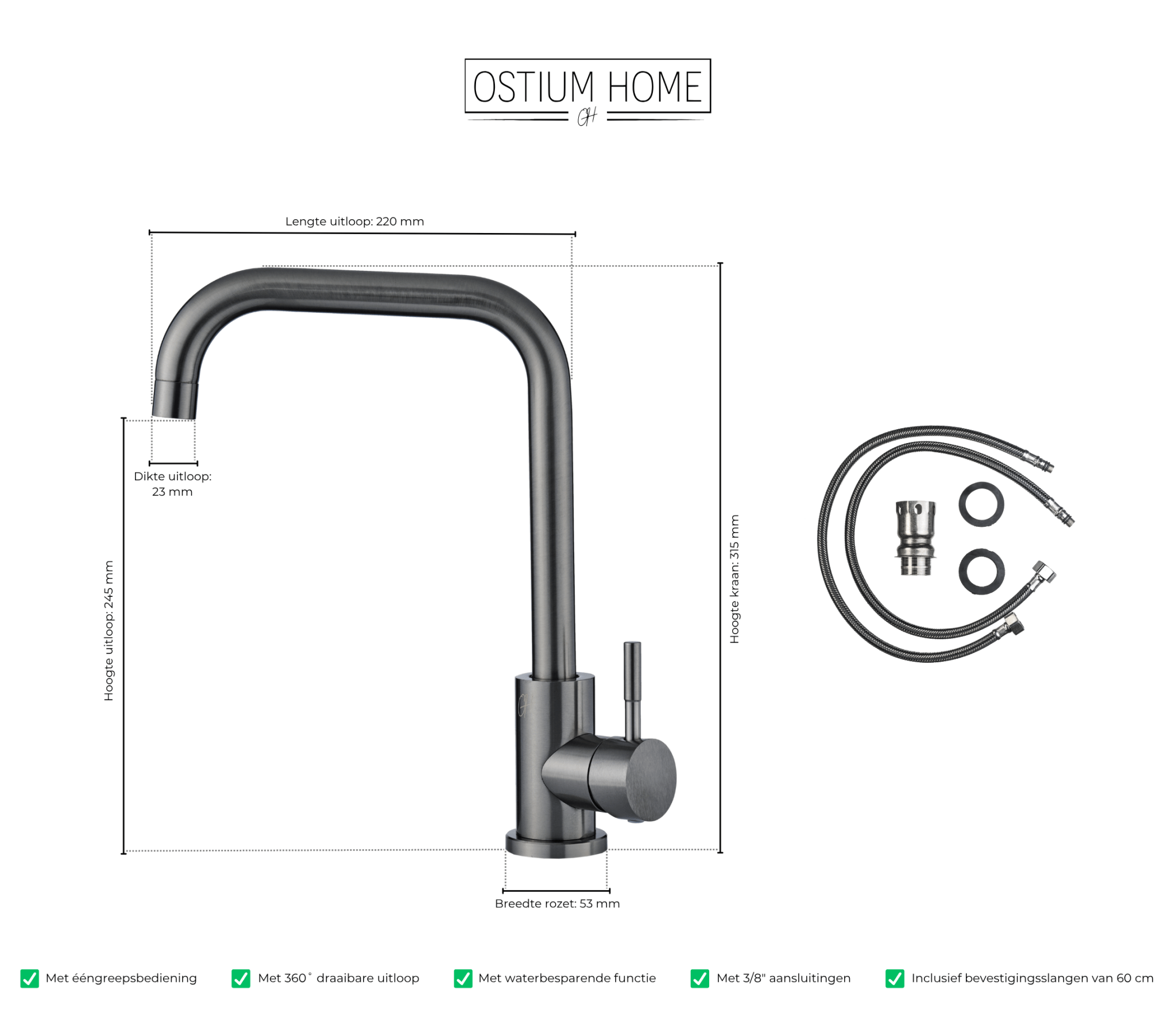 Technische specificaties van keuken mengkraan in gun metal van Ostiumhome