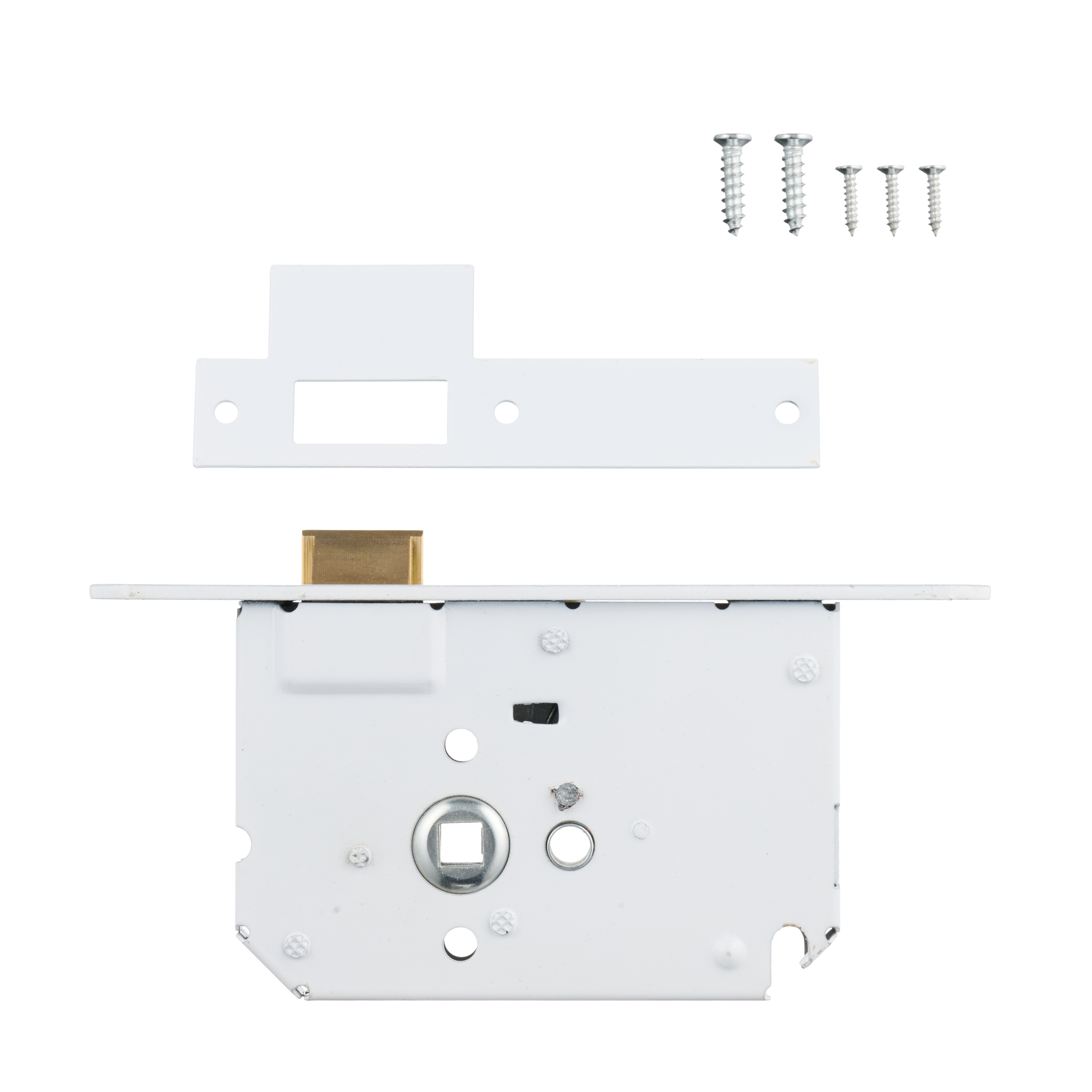 Detailweergave van Ostiumhome® loopslot met witte stalen voorplaat, geschikt voor binnendeuren 20x174 mm.

