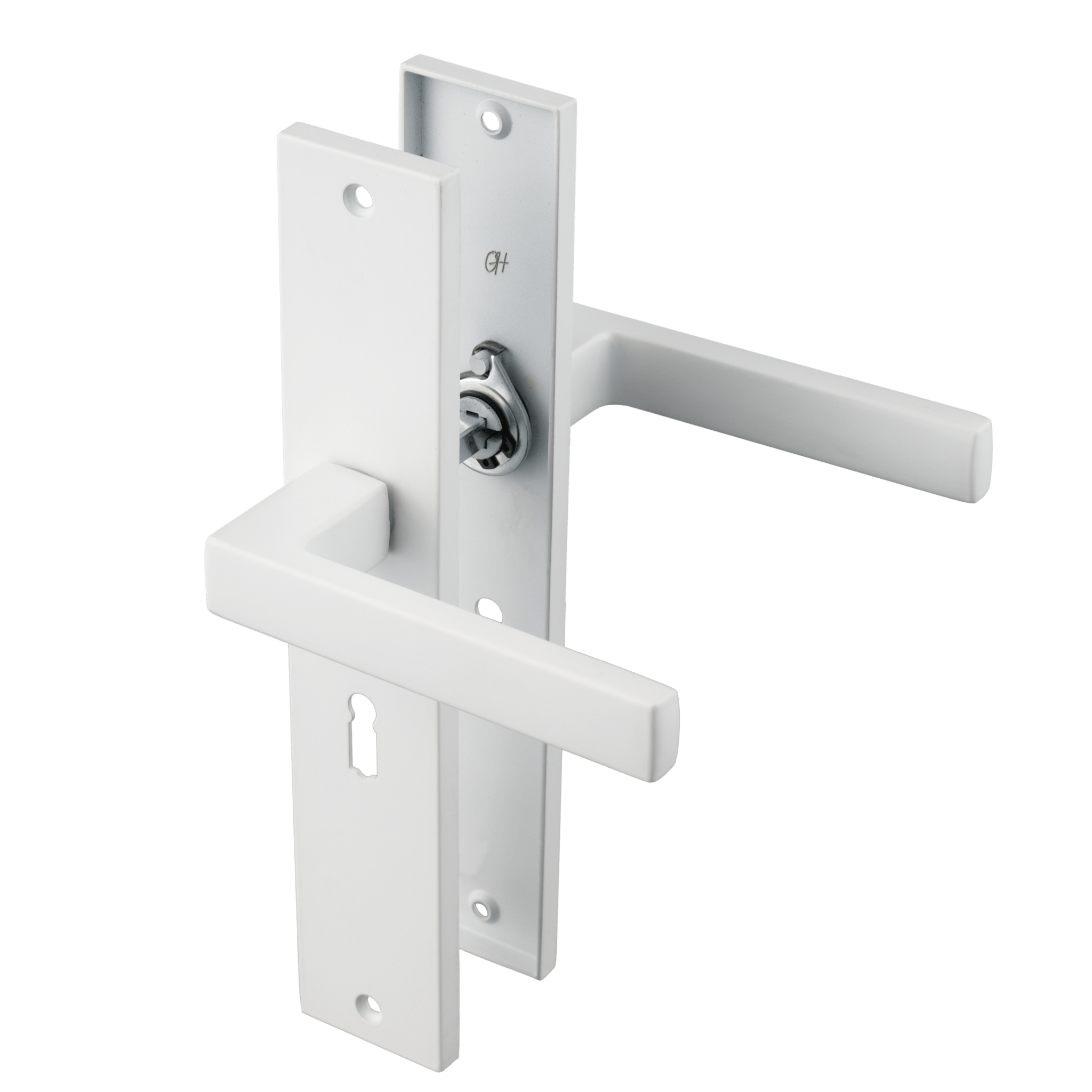 Mat witte Lorto deurklink op lang schild 245 × 45 mm met sleutelgat PC 56 mm en geveerd mechanisme