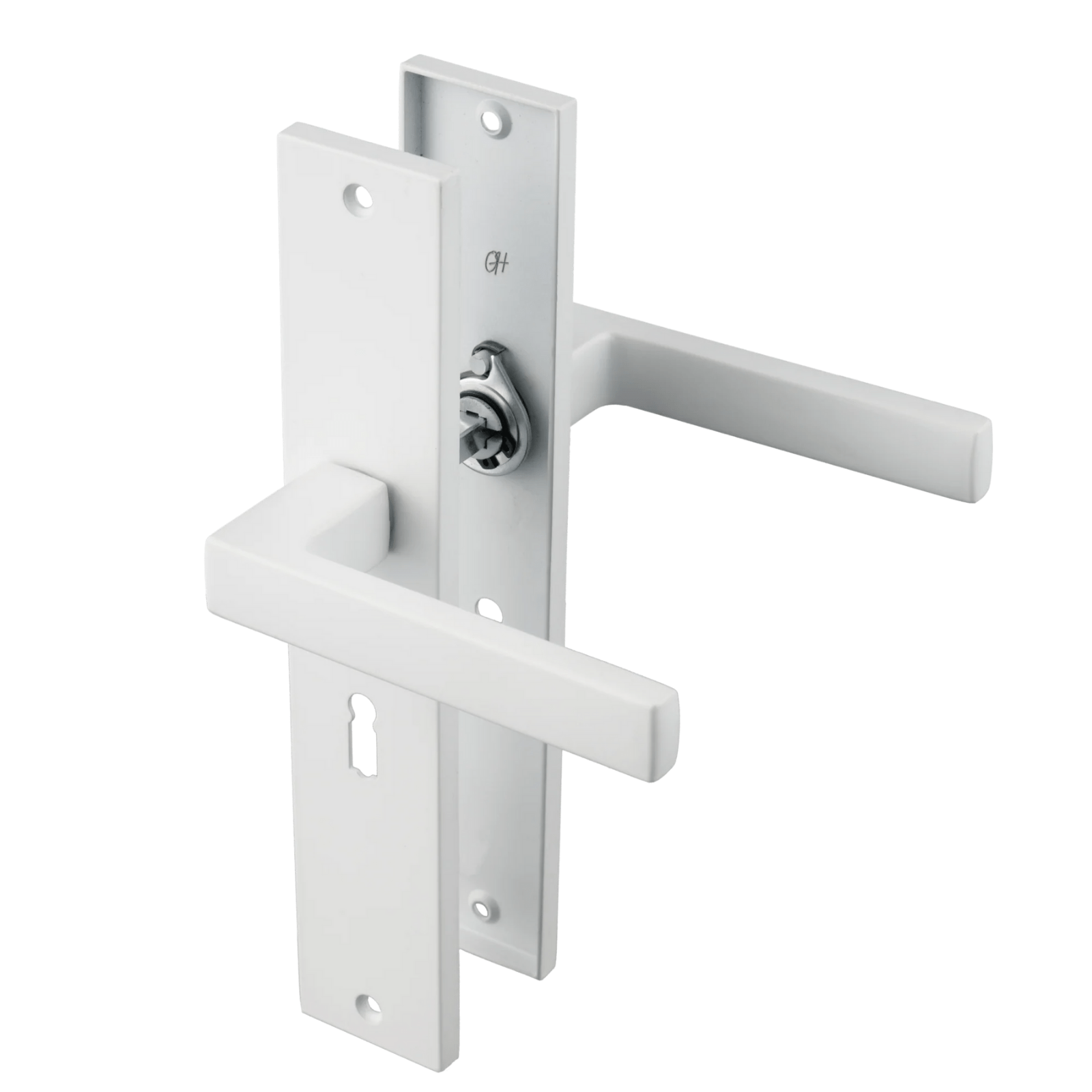 Mat witte Lorto deurklink op lang schild 245 × 45 mm met sleutelgat PC 56 mm en geveerd mechanisme