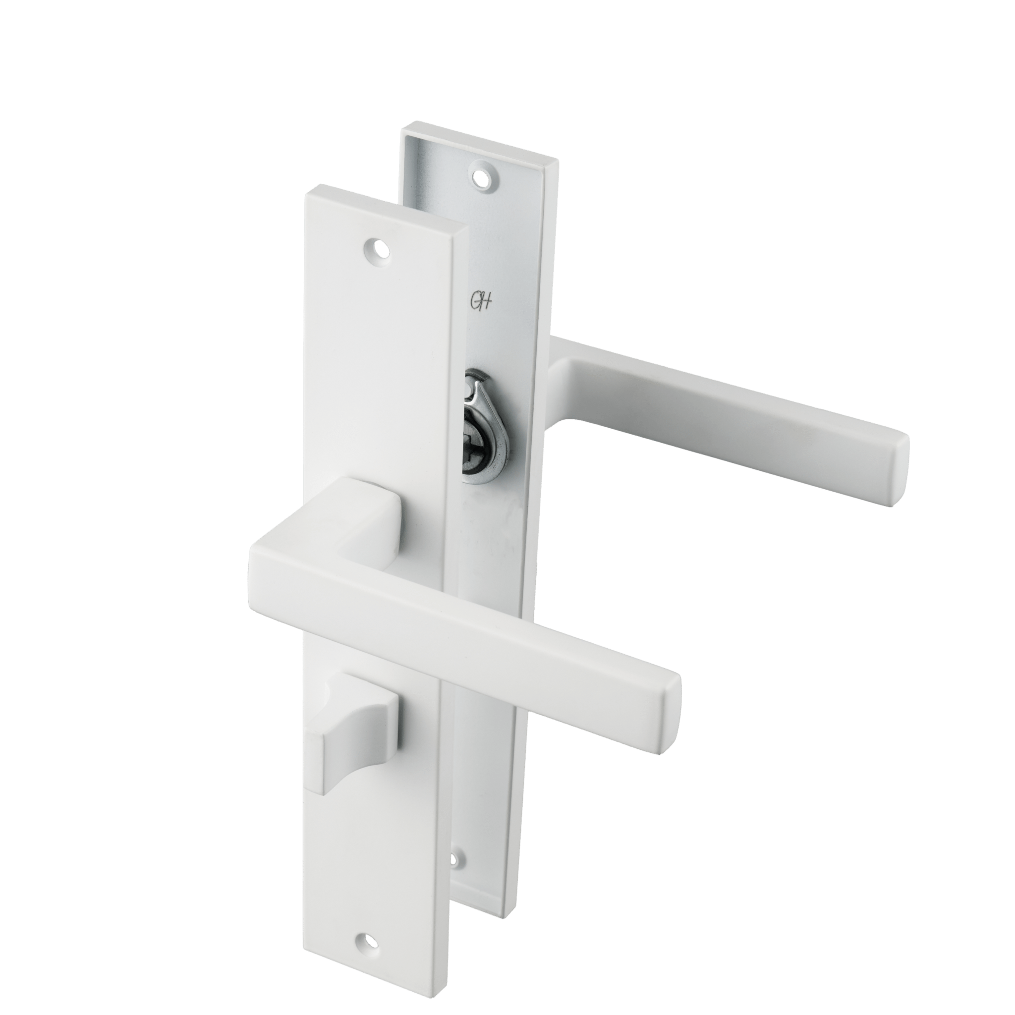 Mat witte Lorto WC-deurklink 245 × 45 mm op lang schild met hartafstand 63 mm voor badkamerdeuren