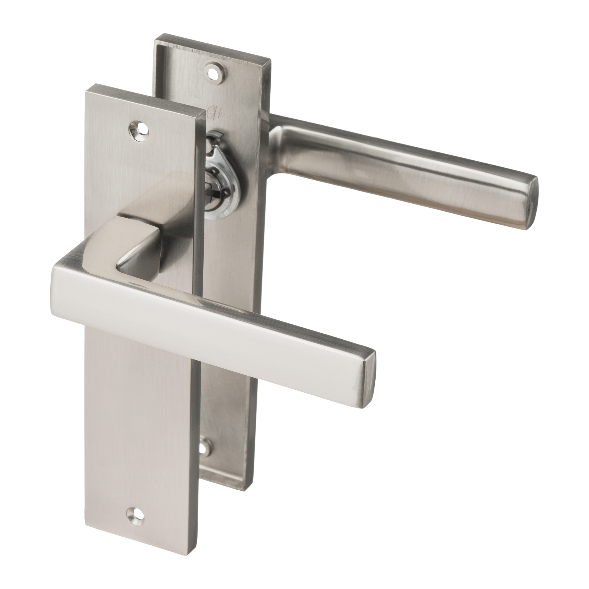RVS zilveren Merano deurklink op kort schild 180 × 45 mm met strak minimalistisch design