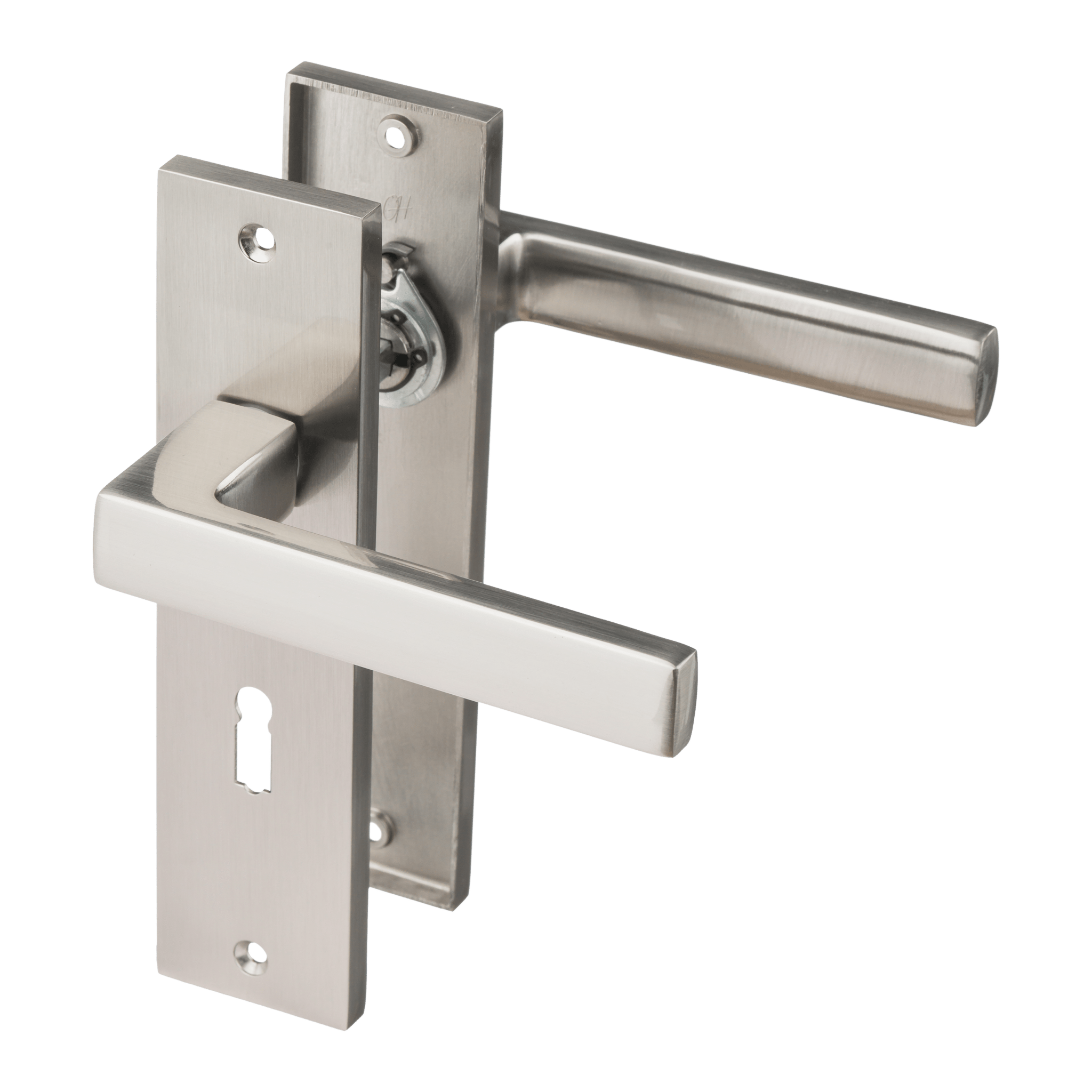 RVS zilveren Merano deurklink op kort schild met sleutelgat PC 56 mm en geveerd mechanisme