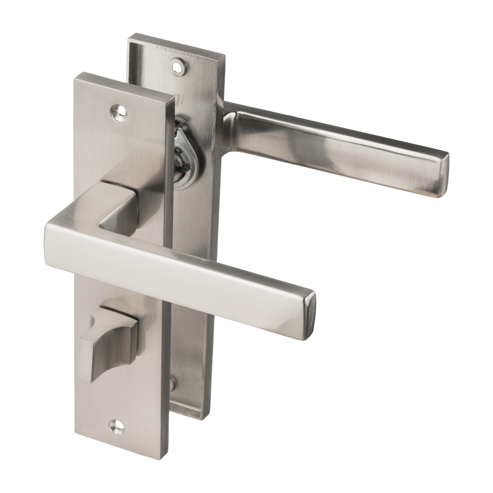 RVS zilveren Merano deurklink op kort schild 180 × 45 mm met geïntegreerd WC-slot hartafstand 63 mm voor moderne badkamerdeuren
