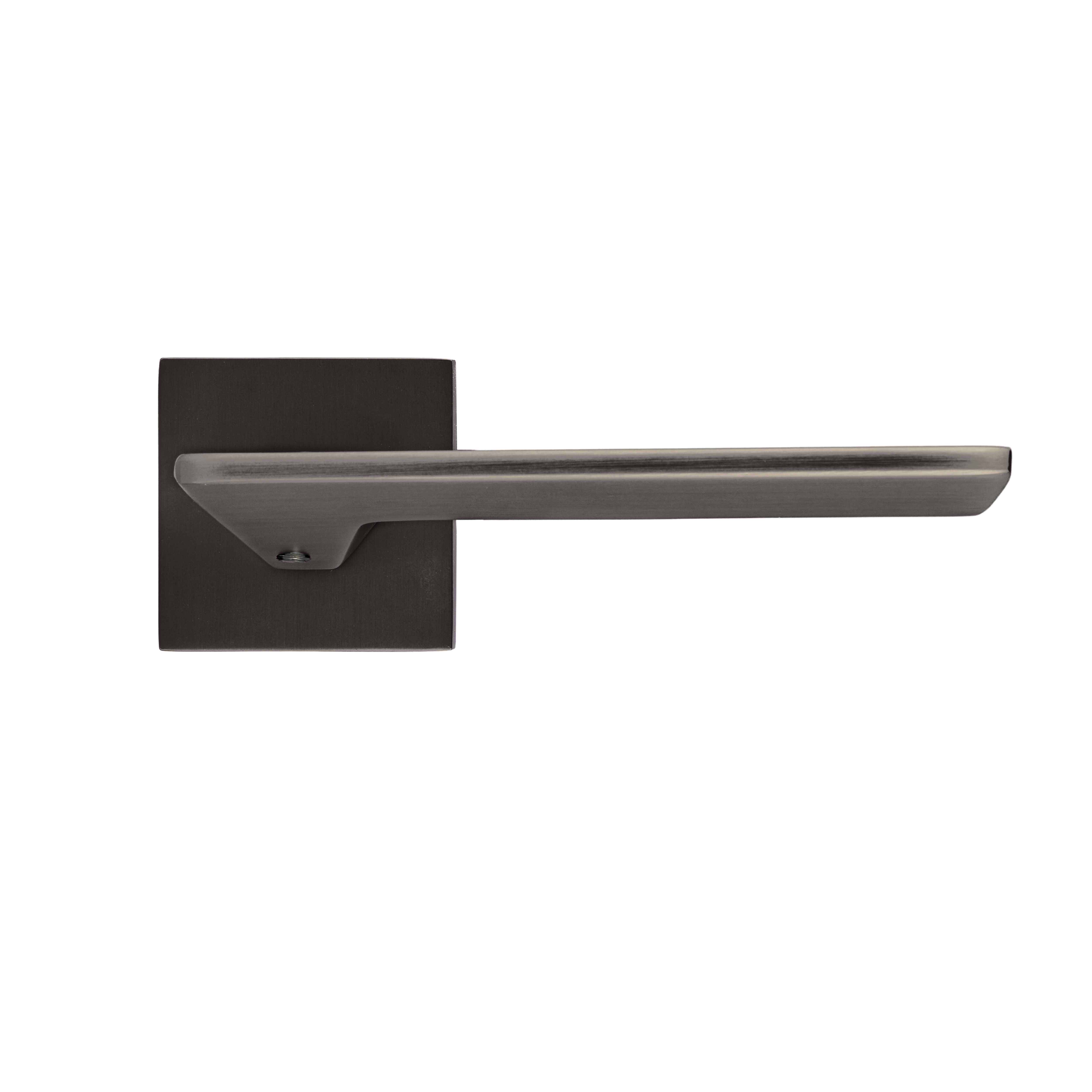 Gun Metal Nestro deurklink met vierkant rozet, geveerd mechanisme voor soepele bediening en moderne industriële uitstraling 