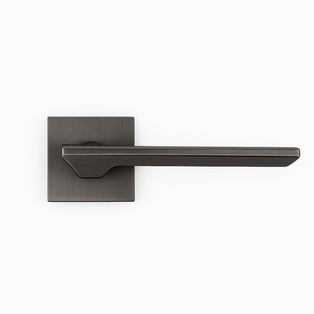 Gun Metal Nestro deurknop met vierkant rozet, geveerd mechanisme voor soepele bediening en moderne industriële uitstraling 