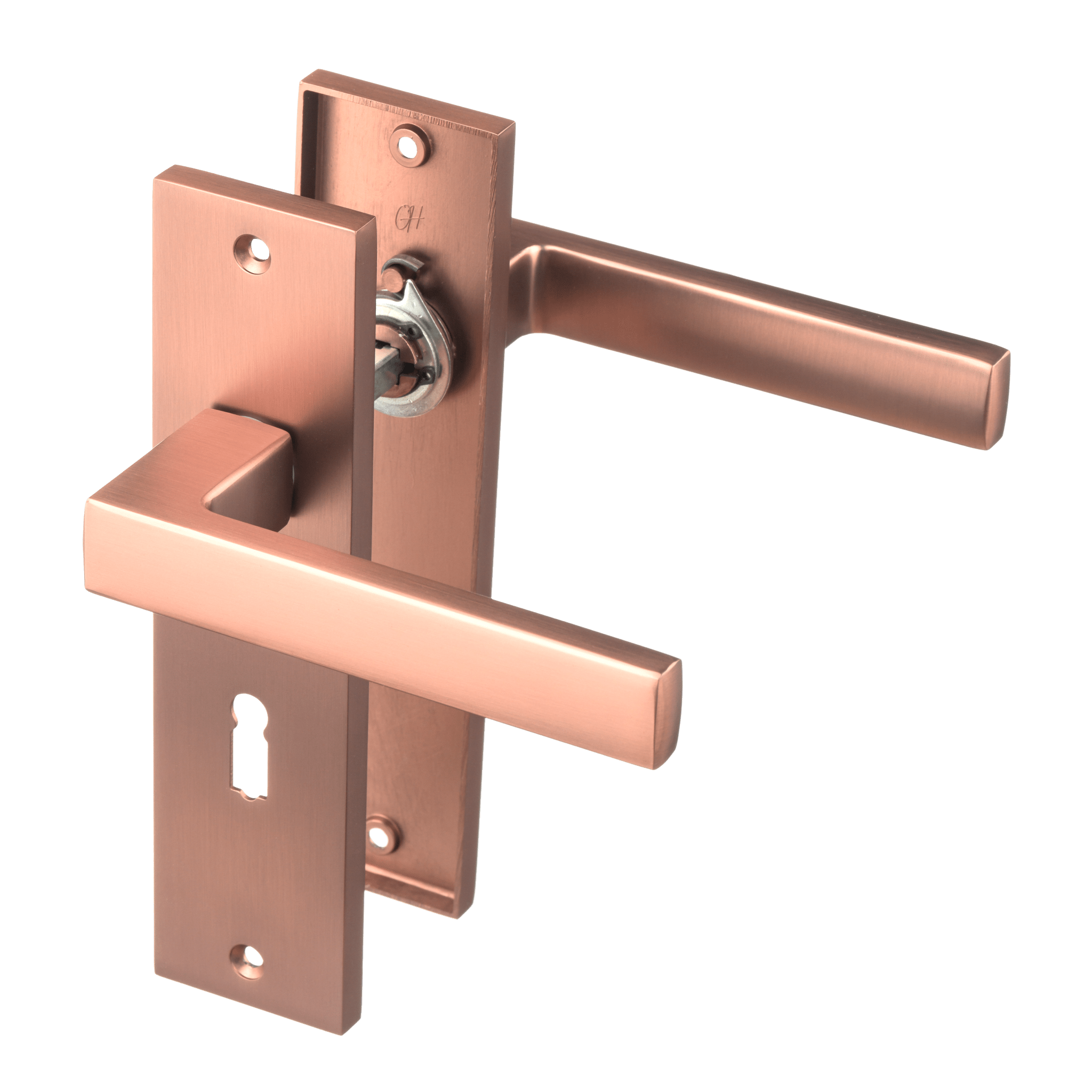 Mat koperen Nola deurklink op 180 × 45 mm kort schild met sleutelgat PC 56 mm voor een luxe binnendeur 