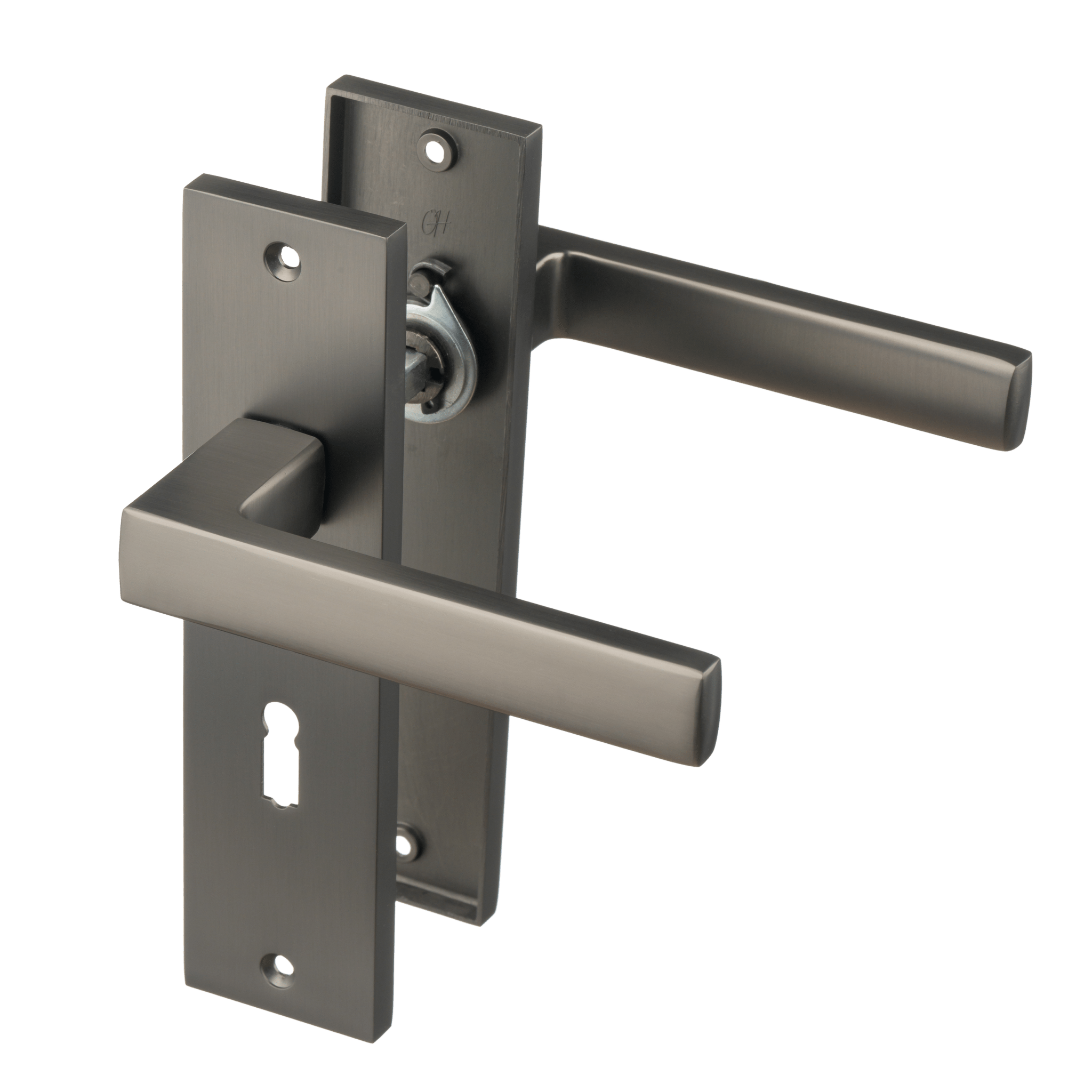 Gun-metal Novara deurklink op kort schild 180 × 45 mm met sleutelgat PC 56 mm voor moderne binnendeuren