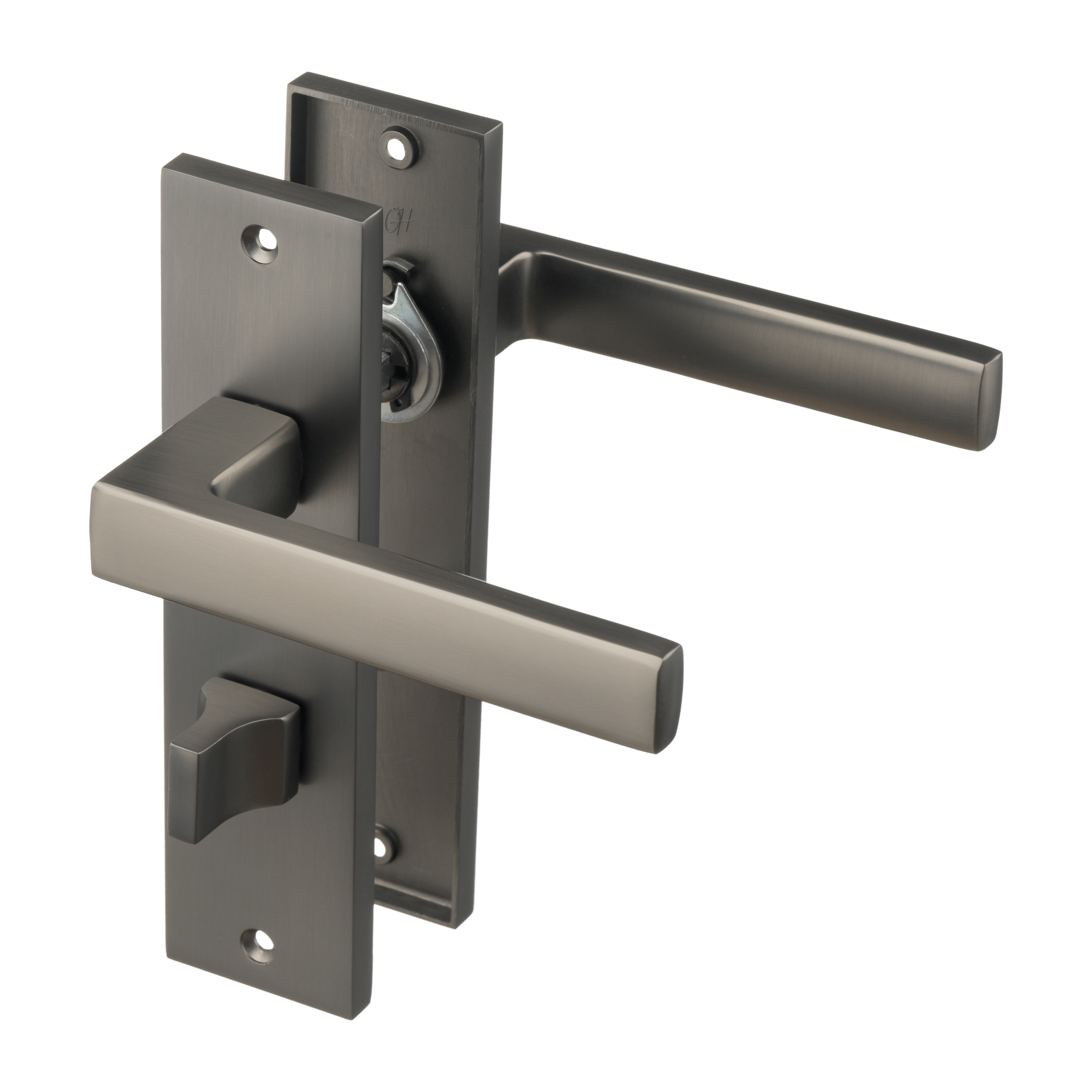 Mat gun-metal Novara deurklink op kort schild 180 × 45 mm met geïntegreerd WC-slot hartafstand 63 mm 