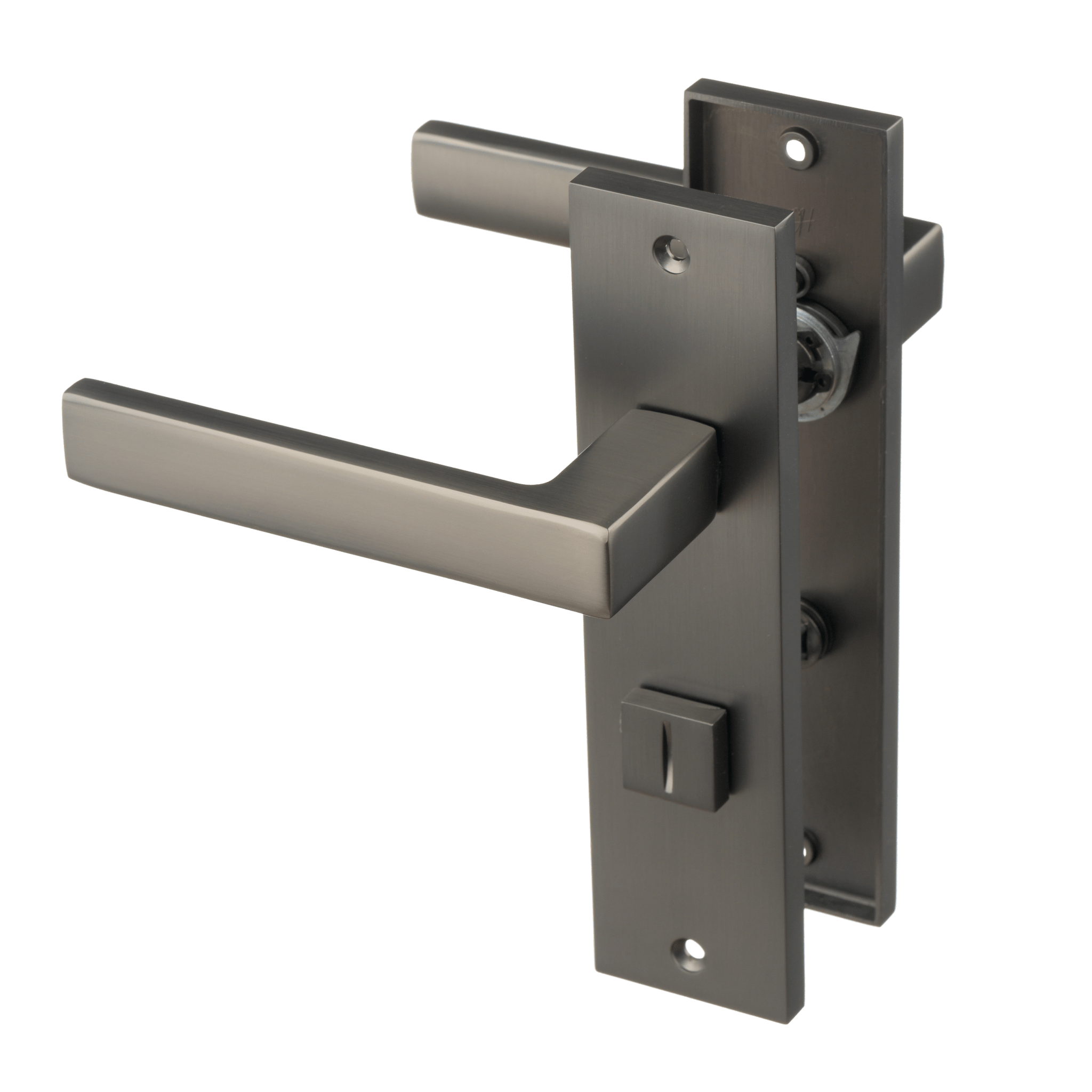 Universele gun-metal Novara WC-slot deurklink op 180 × 45 mm kort schild geschikt voor deuren van 20 – 70 mm 