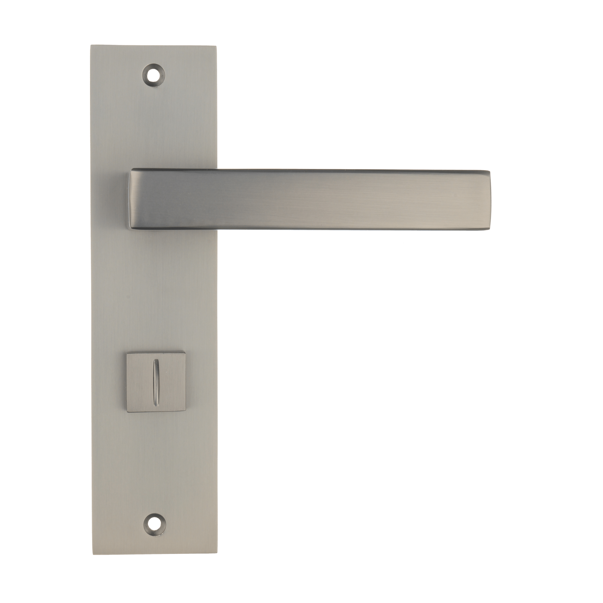 Ergonomisch gevormde Novara deurkruk gun metal met comfortabele 120 mm greep en geïntegreerd privacyslot 