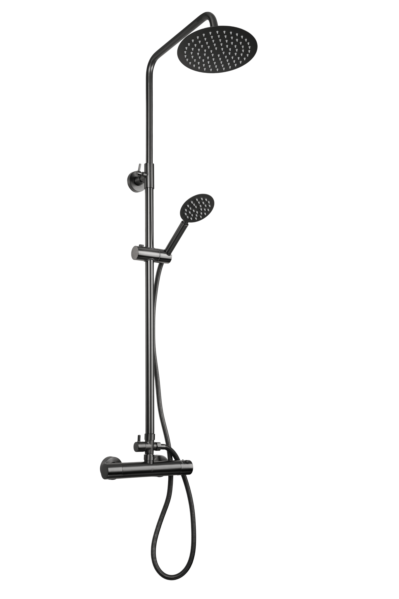Complete Gun Metal Novi doucheset rond met instelbare hartafstand (12 / 15 / 18 cm), royale stortdouche, handdouche en mengkraan, inclusief complete montagekit 