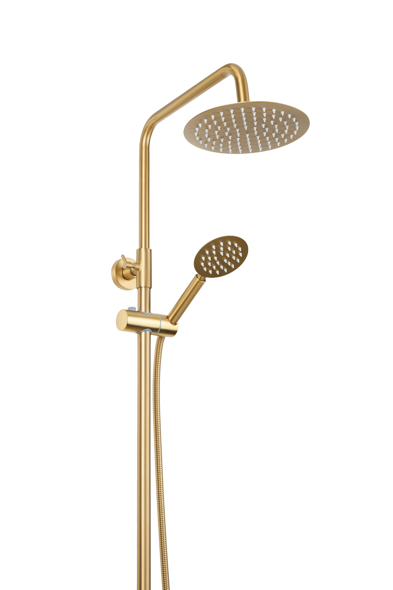Moderne mat gouden Novi doucheset inclusief royale regendouche, flexibele handdouche en thermostatische mengkraan, compleet met installatie­materiaal voor eenvoudige montage 