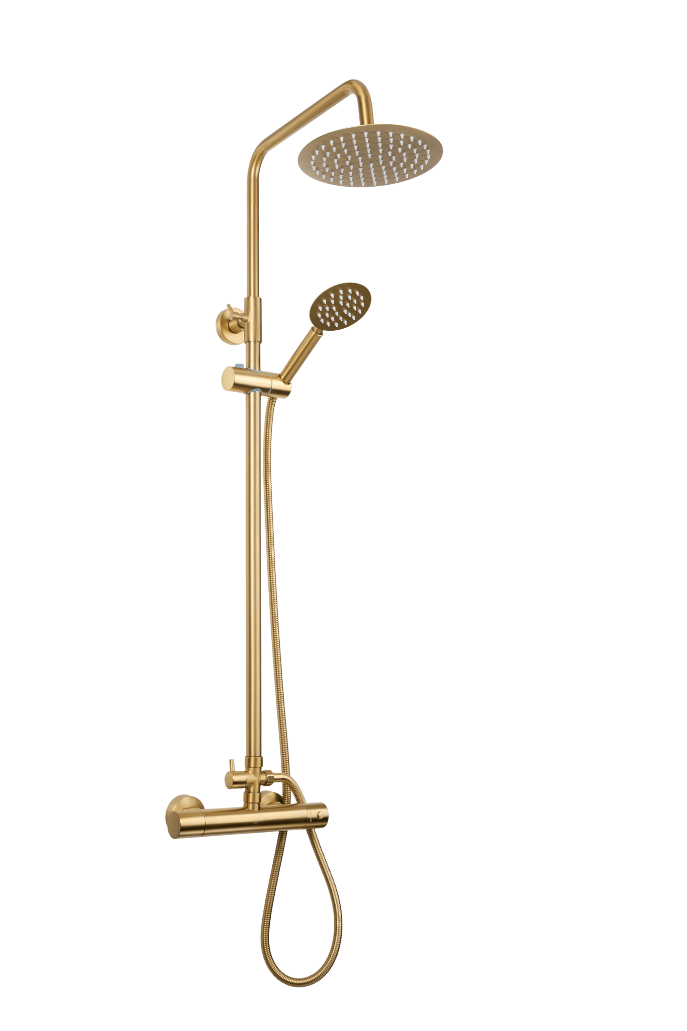 Complete mat gouden Novi doucheset met strak rond design en instelbare hartafstand 12 / 15 / 18 cm voor een luxe regendouche-ervaring 