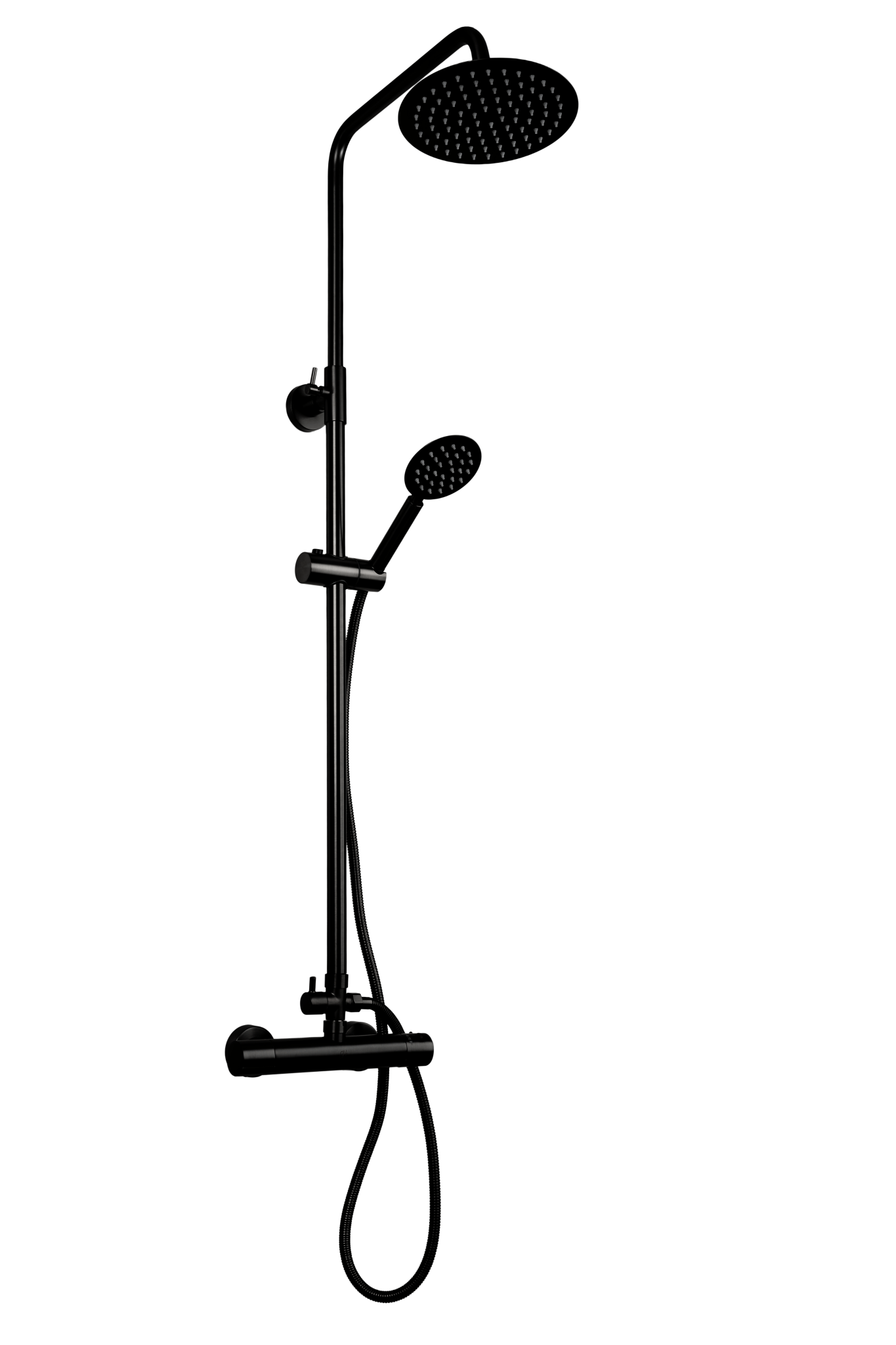 Complete mat zwarte Novi douche-set met ronde regendouche, handdouche en thermostaatkraan 
