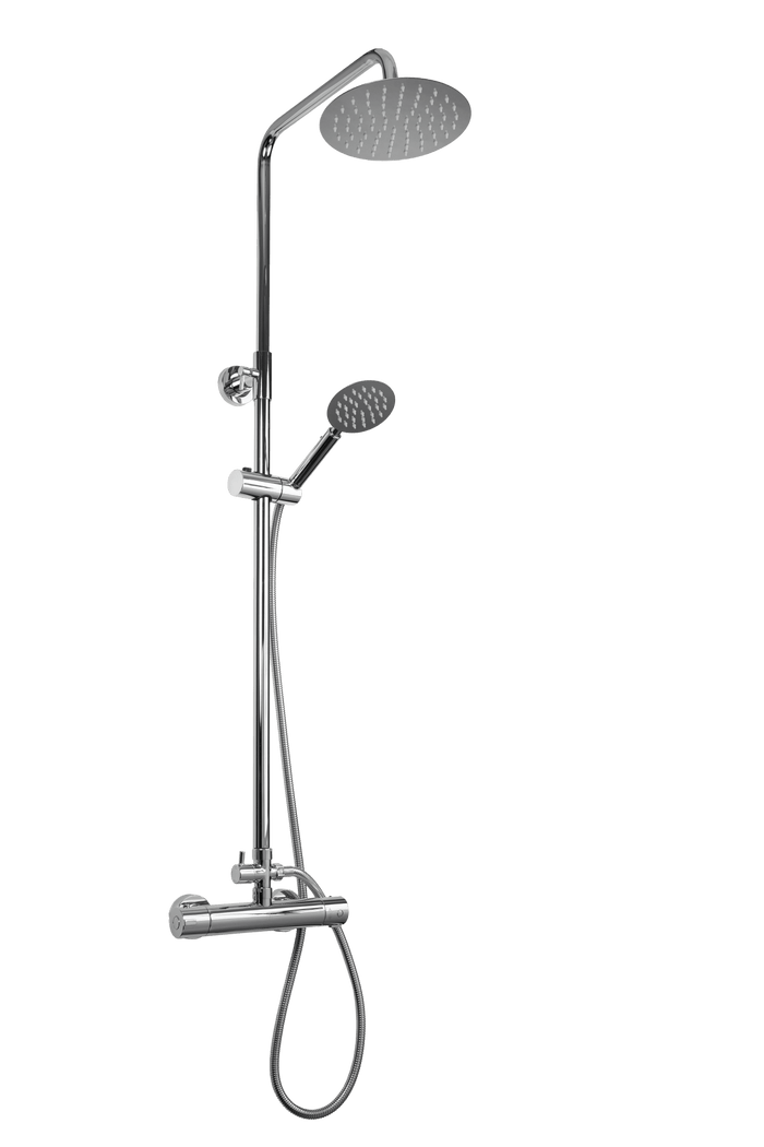 Complete RVS regendoucheset Novi rond design met instelbare hartafstand (12 / 15 / 18 cm), inclusief thermostatische mengkraan en handdouche voor moeiteloze renovatie 