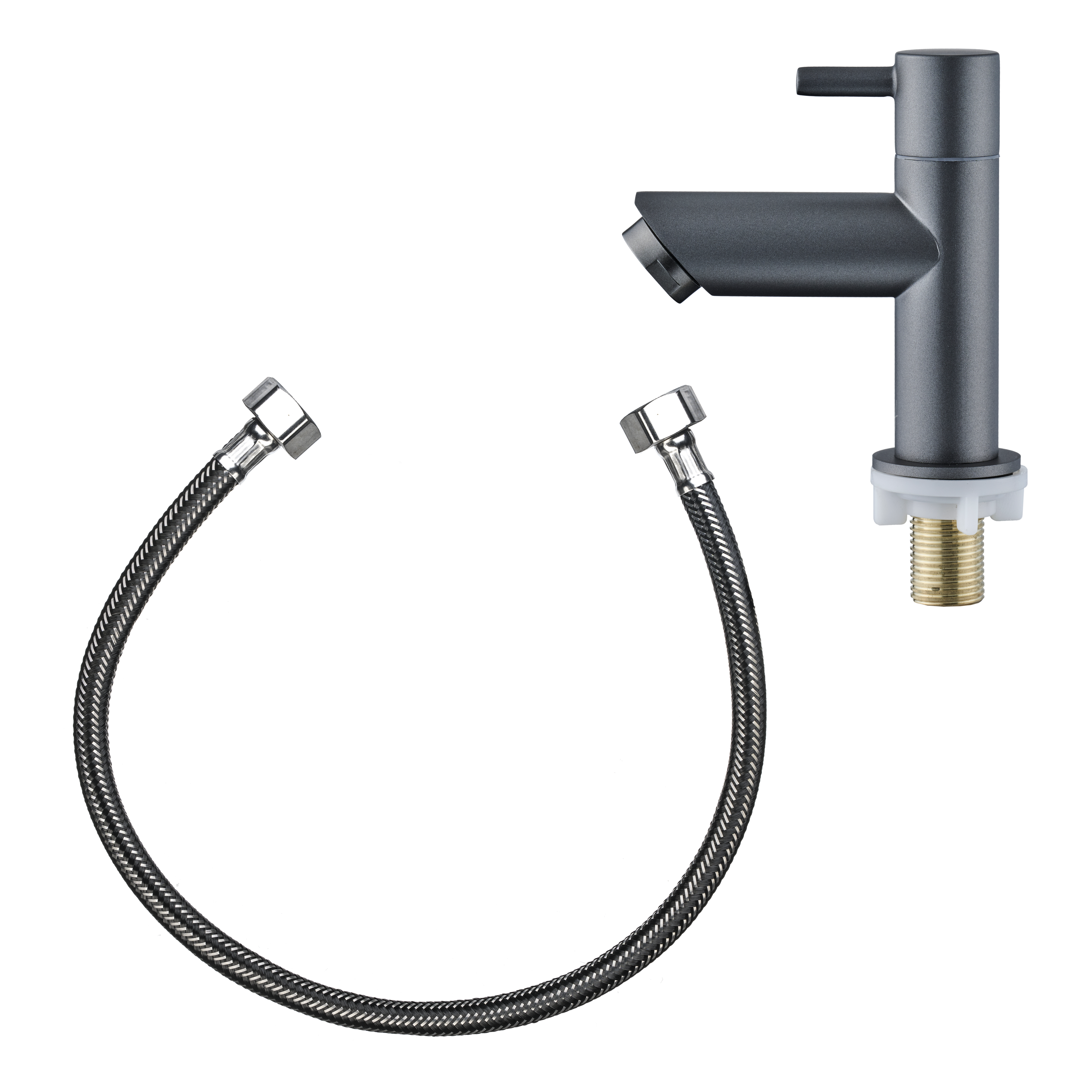 Inhoud van de Gun Metal verpakking met kraan, montagemateriaal en flexibele aansluitslangen.

