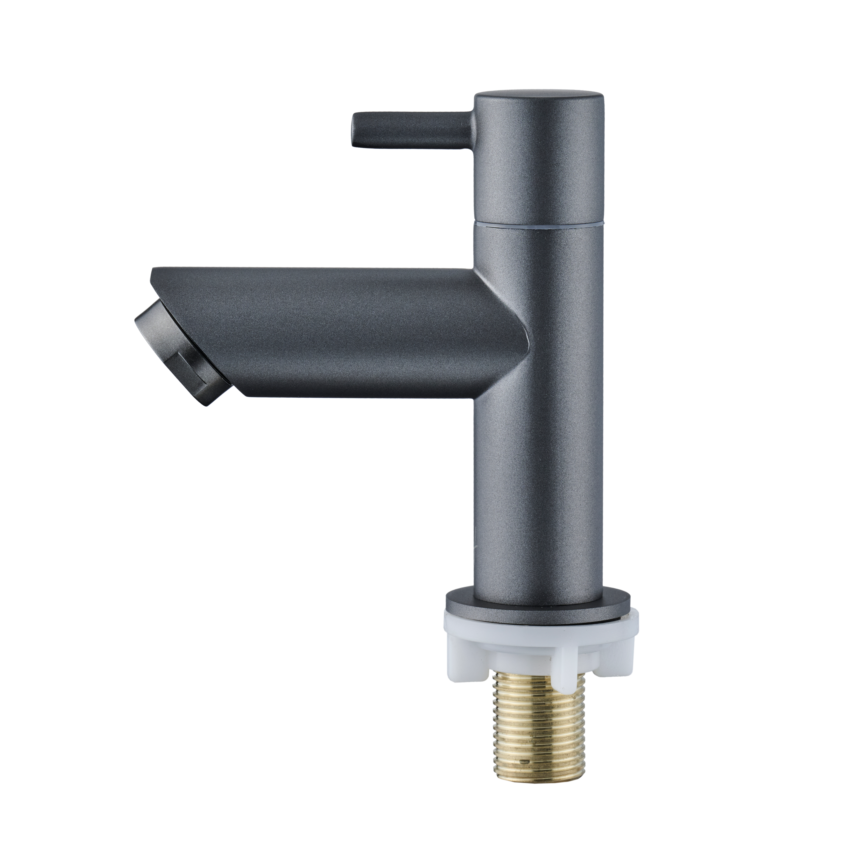Volledig zijaanzicht van de Gun Metal kraan, met compact formaat en rechte uitloop voor moderne fonteinen.

