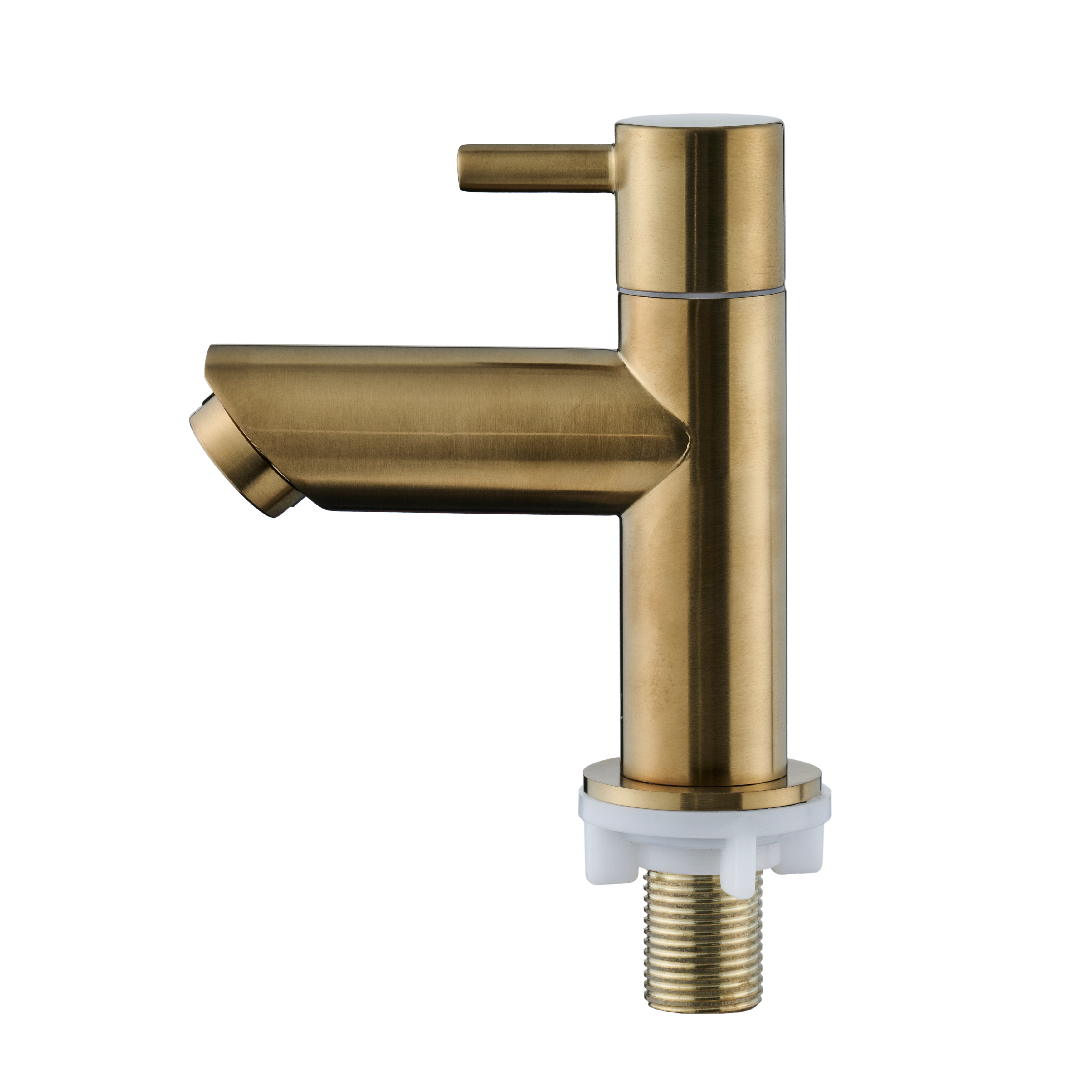 Zijaanzicht van de mat gouden kraan met rechte uitloop en moderne matte finish voor een chique uitstraling.

