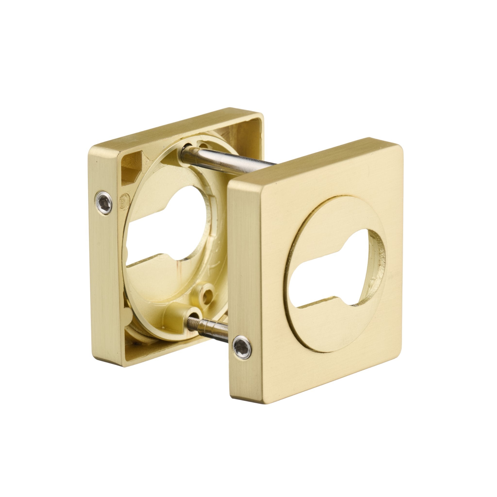 Detailweergave van de Ostiumhome® vierkante cilinderrozet in mat gouden RVS uitvoering, formaat 50x50 mm.



