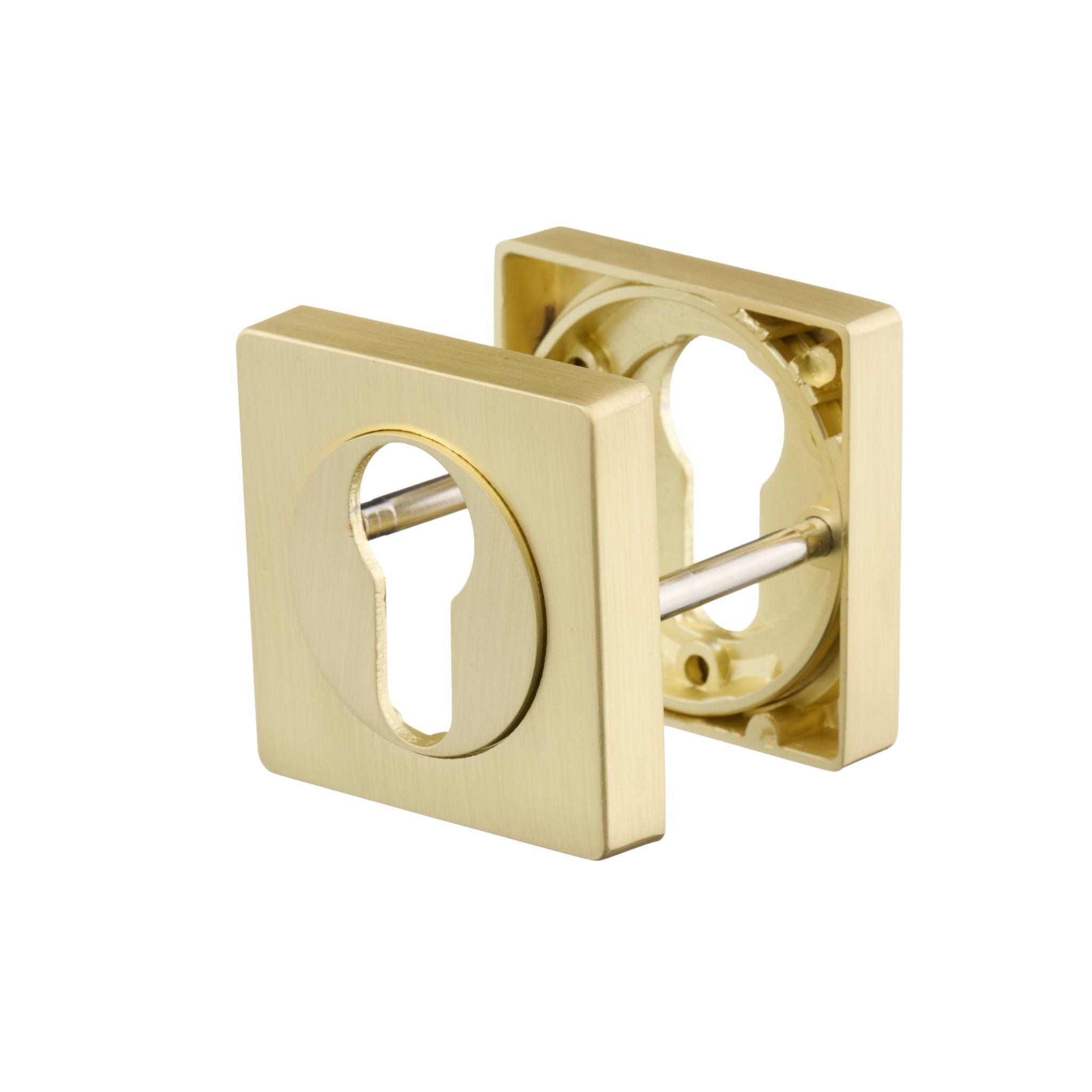 Ostiumhome® vierkante cilinderrozet van RVS in mat goud, vooraanzicht, formaat 50x50 mm.

