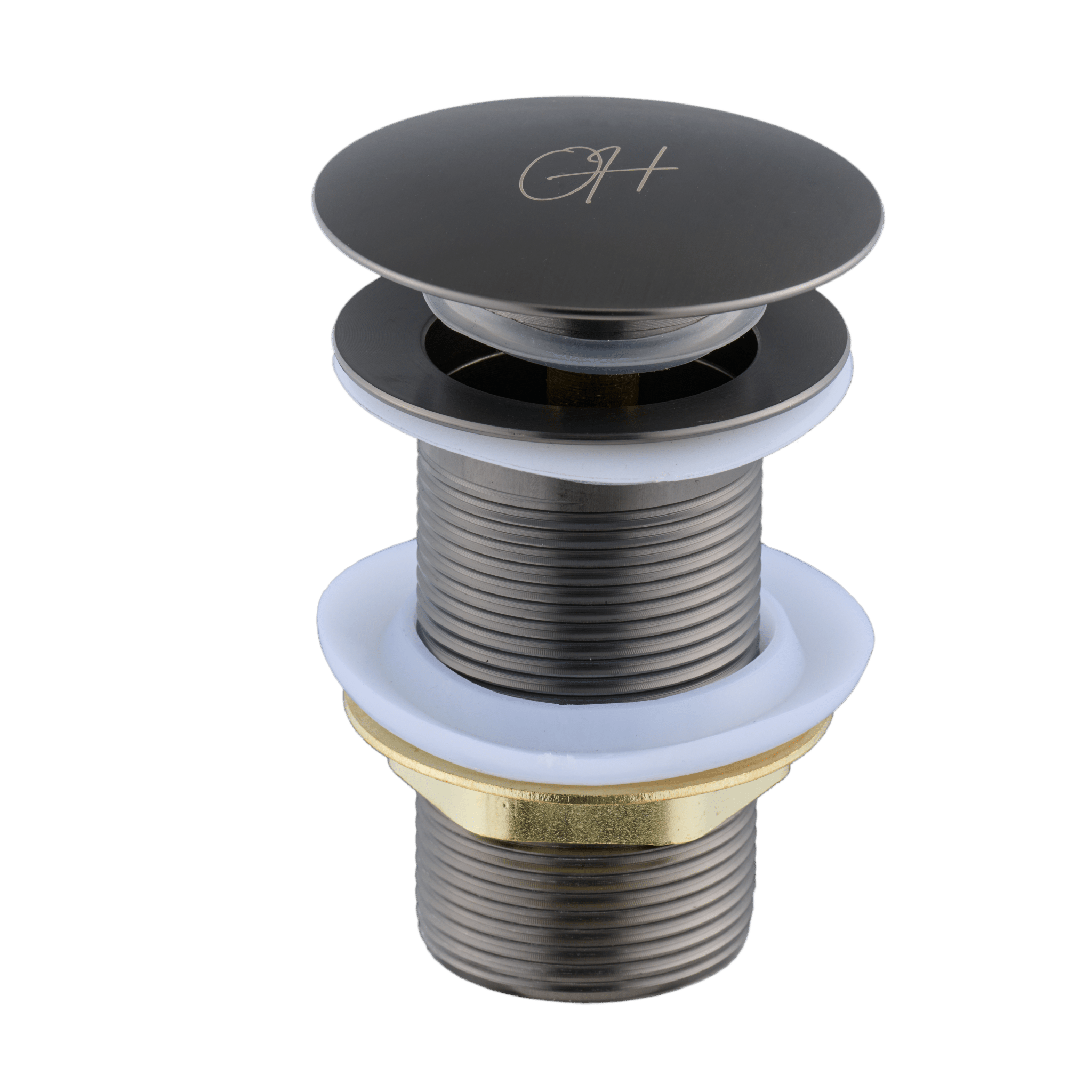 Gun Metal wastafelplug uit de Flusso lijn van Ostiumhome® – pop-up click waste volledig zichtbaar

