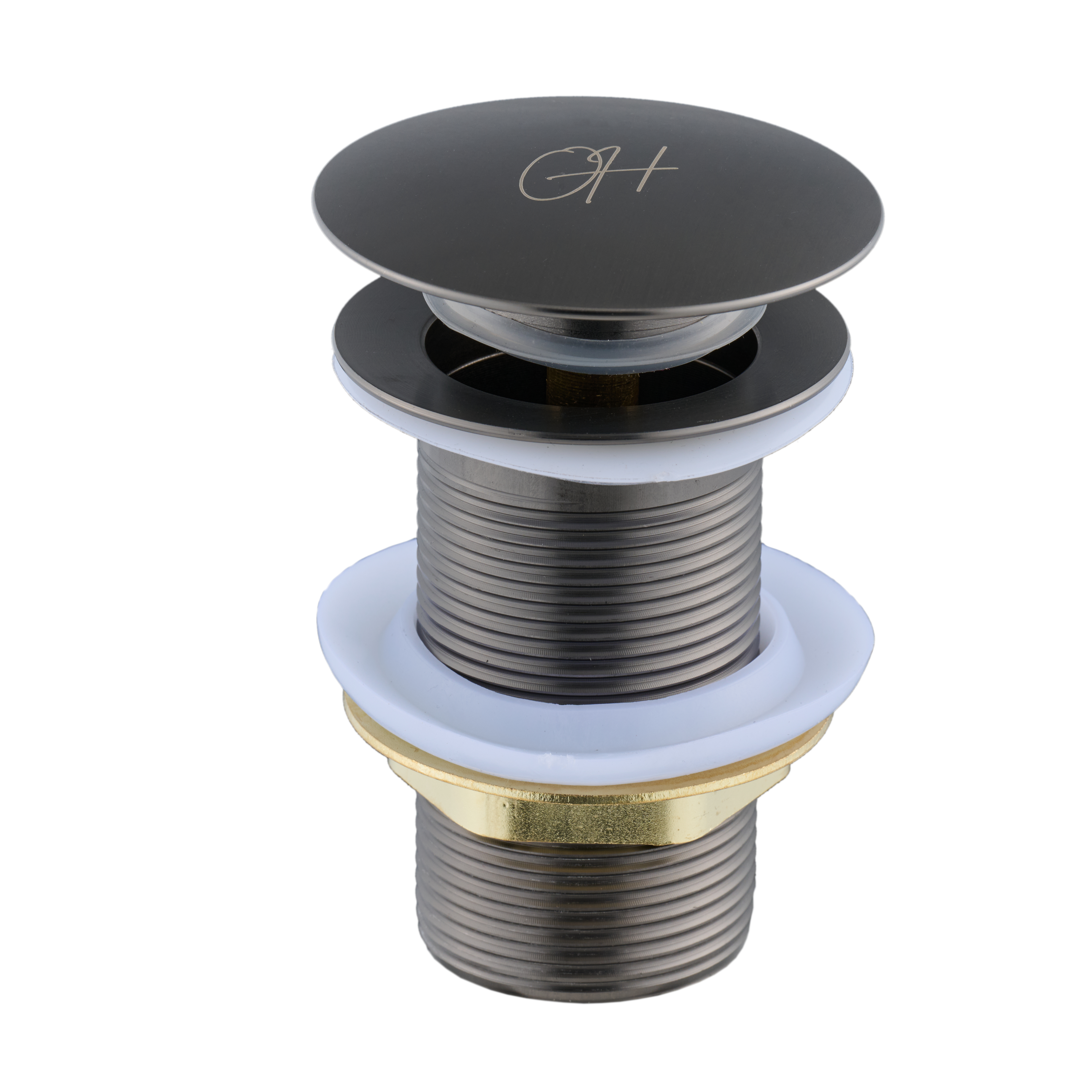 Gun Metal wastafelplug uit de Flusso lijn van Ostiumhome® – pop-up click waste volledig zichtbaar

