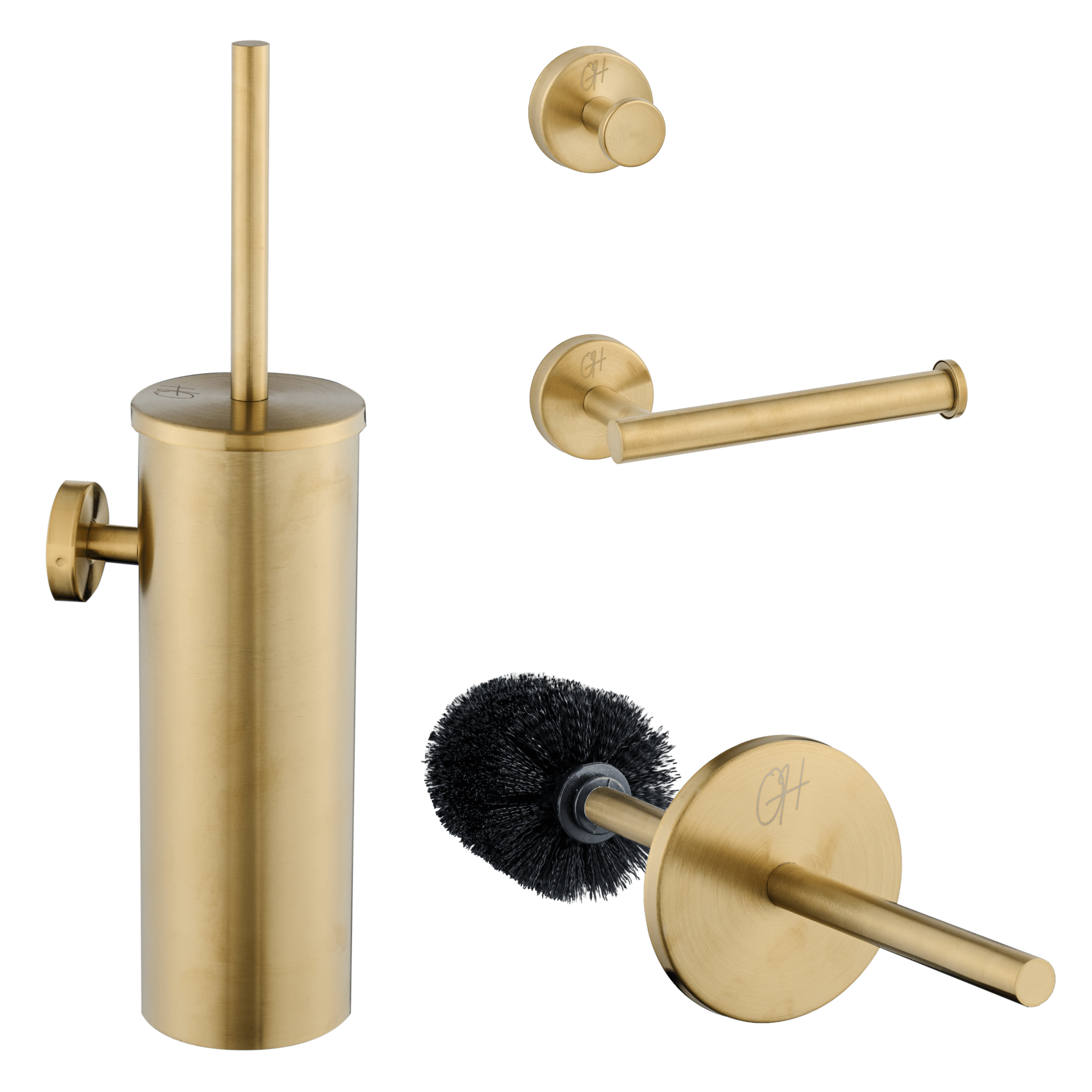 Ostiumhome® toilet accessoires set in goud met wc borstel, toiletrolhouder en handdoekhaak – volledige set in één beeld