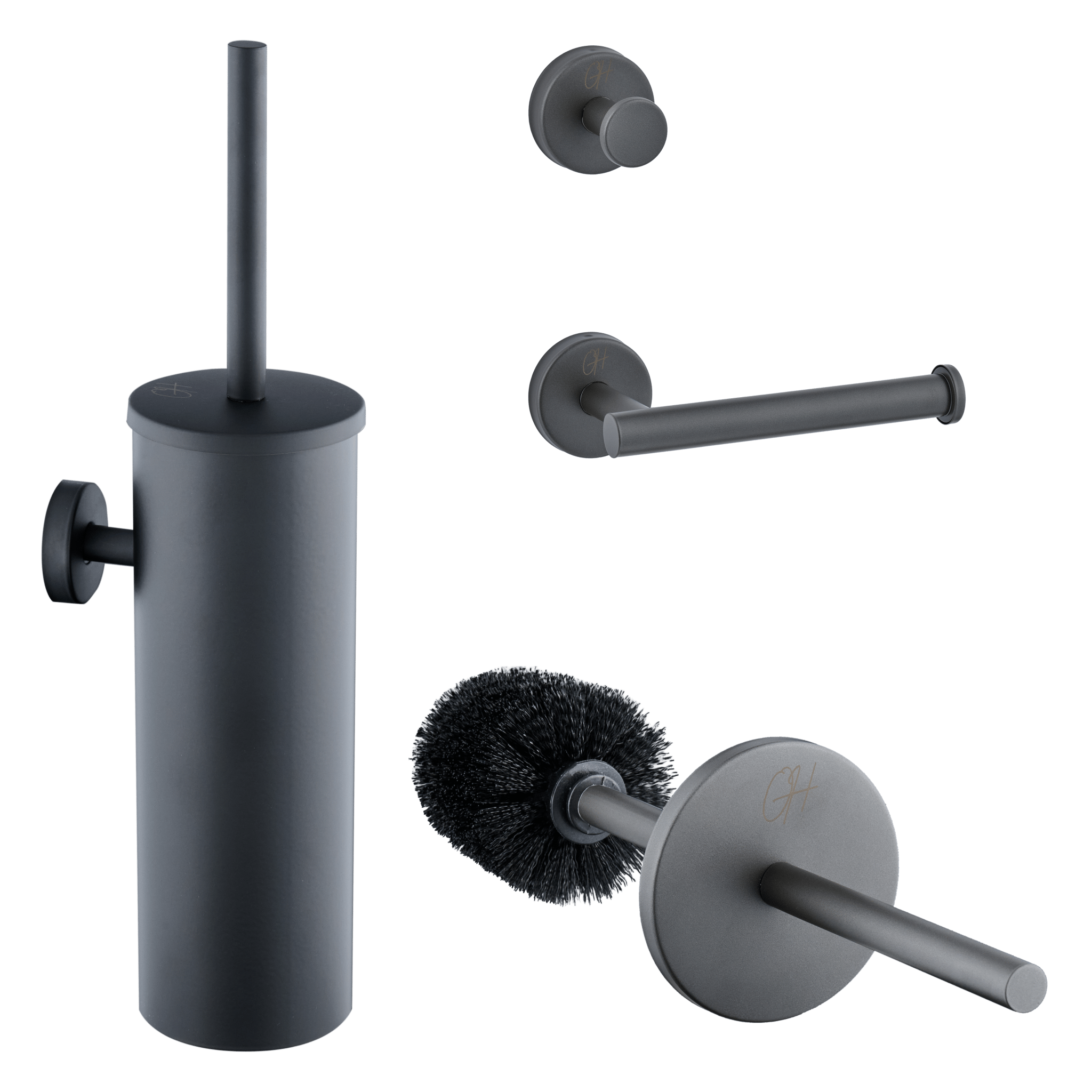 Ostiumhome® accessoires set in Gun Metal – compleet met toiletborstel, haak en houder

