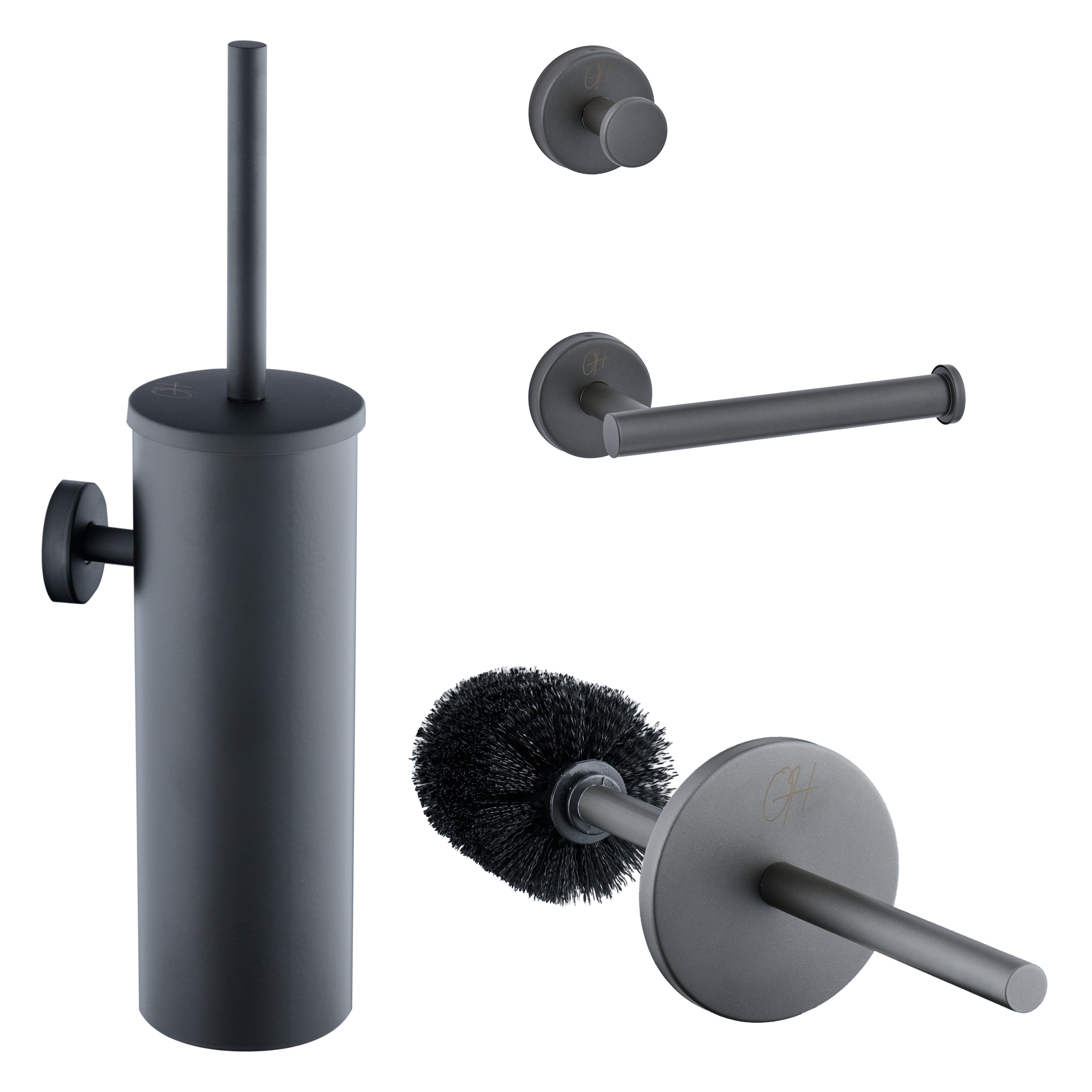Ostiumhome® accessoires set in Gun Metal – compleet met toiletborstel, haak en houder

