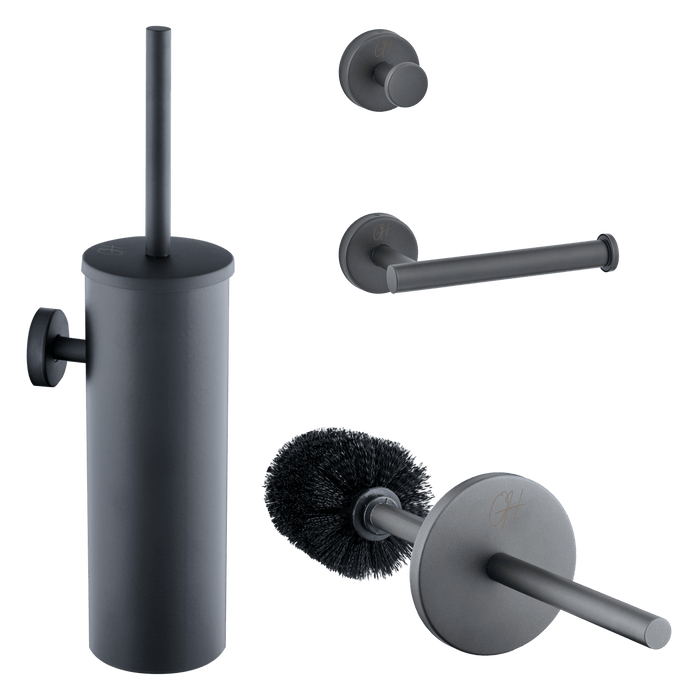 Ostiumhome® accessoires set in Gun Metal – compleet met toiletborstel, haak en houder


