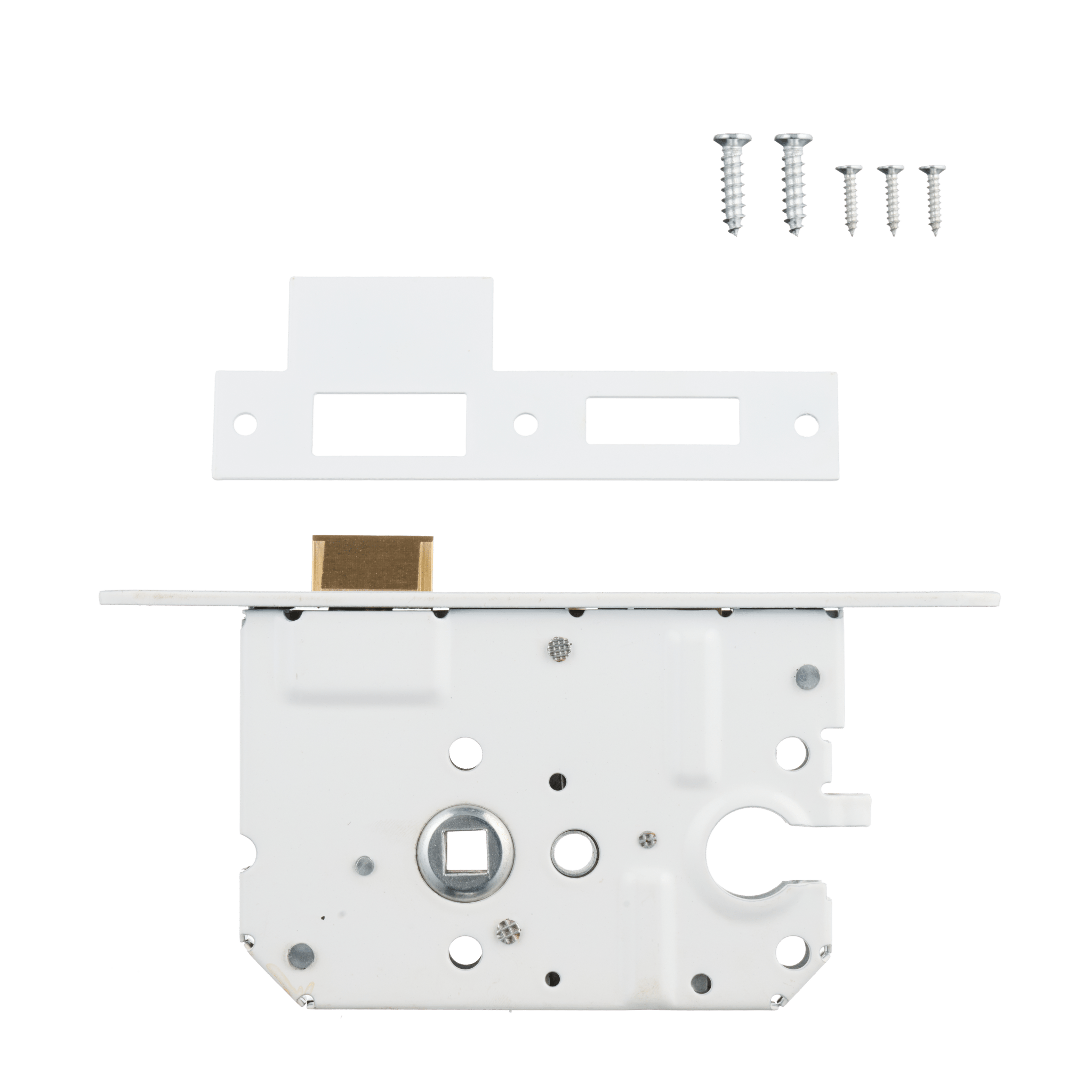 Inhoud verpakking Ostiumhome® loopslot met cilindergat, witte voorplaat 20x174 mm, inclusief montagemateriaal en schroeven.