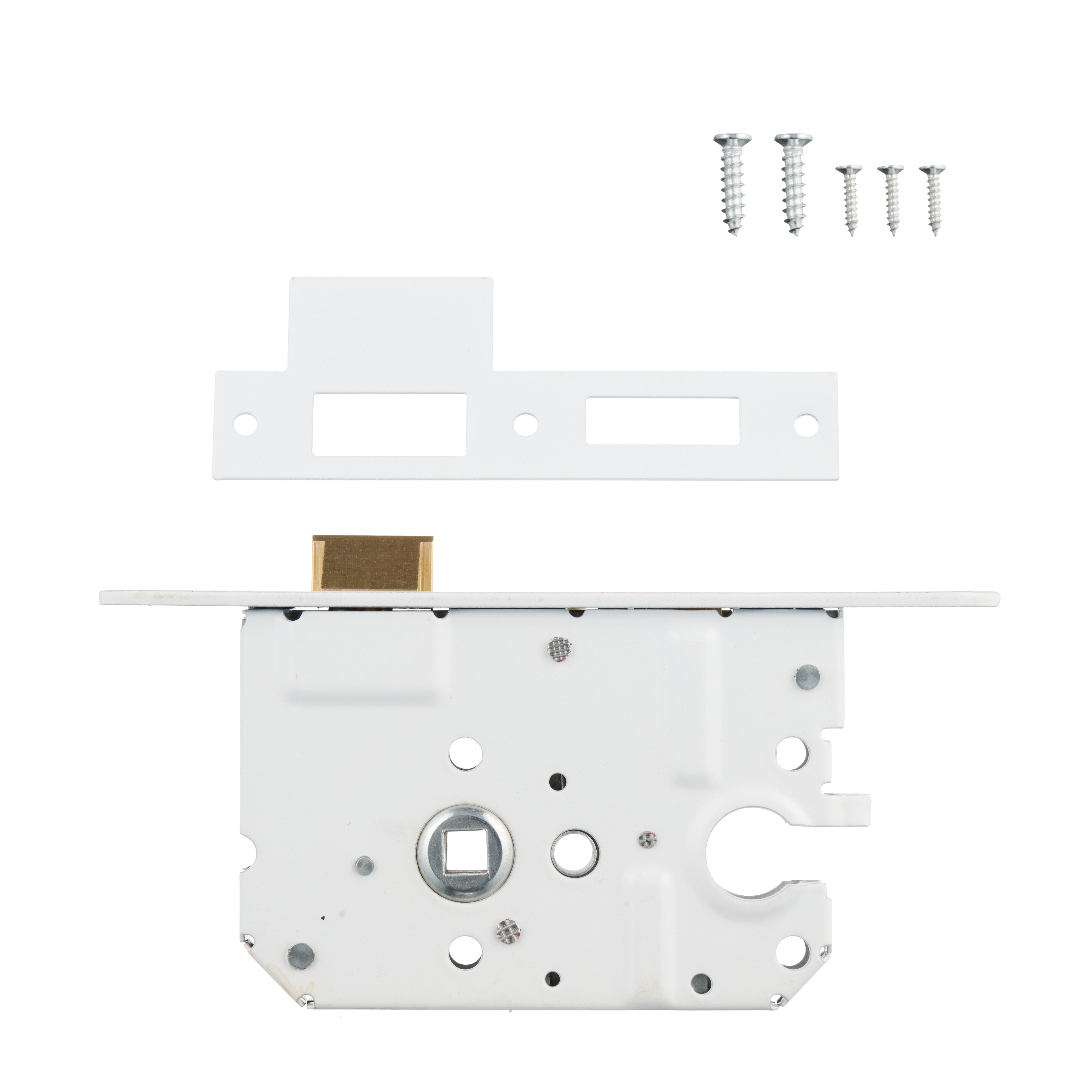 Inhoud verpakking Ostiumhome® loopslot met cilindergat, witte voorplaat 20x174 mm, inclusief montagemateriaal en schroeven.
