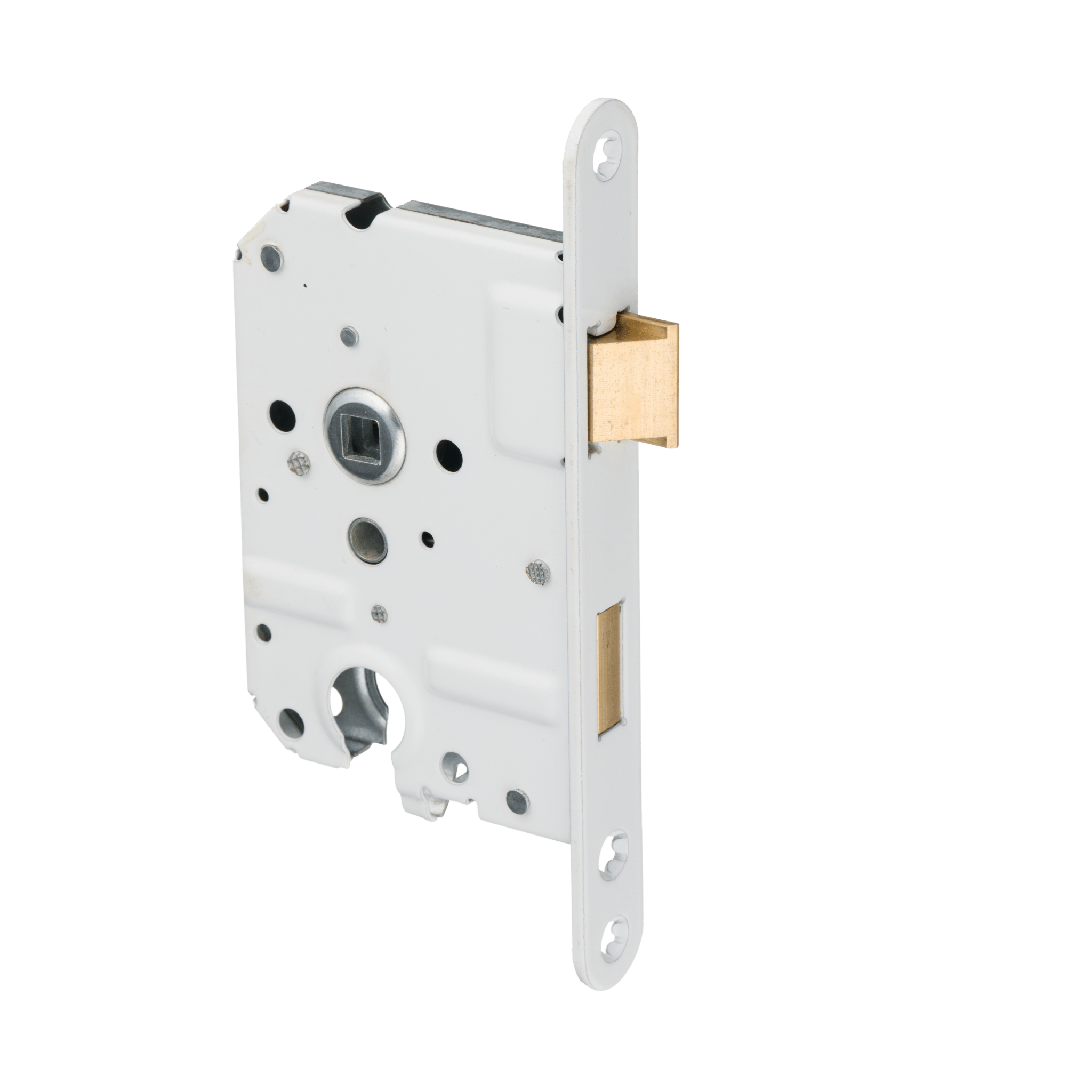 Zijaanzicht van Ostiumhome® binnenwerk loopslot met cilindergat en witte voorplaat, formaat 20x174 mm, PC55 maatvoering.

